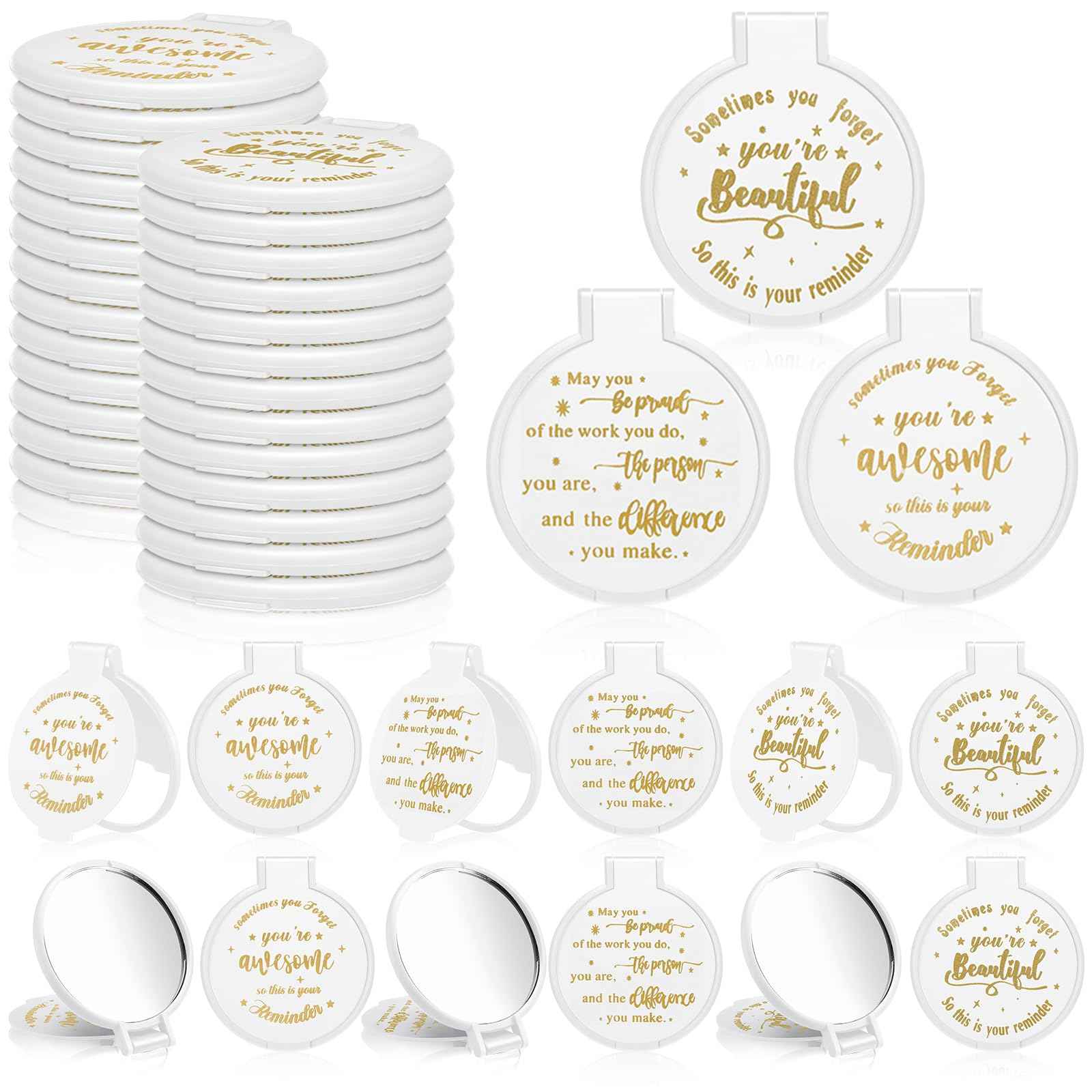 Wenqik 64 Pcs Inspirational Mini Compact Mirror for Purse Women Small Gifts Bulk, Round Makeup Folding Mirror, Thank You Gift Bag Stuffer Items, Christmas for Coworker Employee Staff (White)