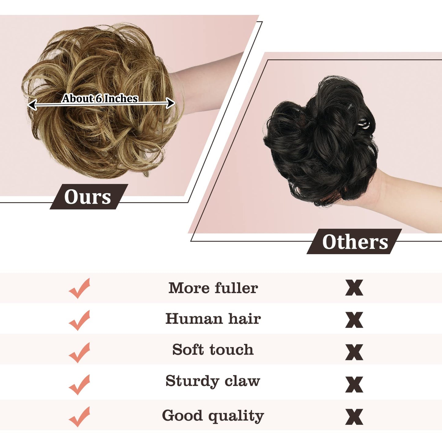 Claw Clip Messy Bun Hair Piece Real Human Hair Buns Wavy Curly Chignon Hair Bun Extensions Tousled Updo Hair Buns Claw Clip Ponytail Hairpieces with Clip for Women（Brown with Blonde Highlights 3）