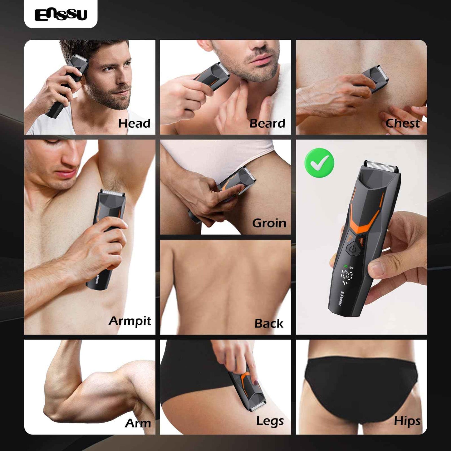ENSSU Manscape Body Hair Trimmer for Men with LED Light for Balls/Pubic/Groin/Legs/Chest, IPX7 Waterproof Body Groomer with Ceramic Blade, Fast Charging Shaver for Wet or Dry Use