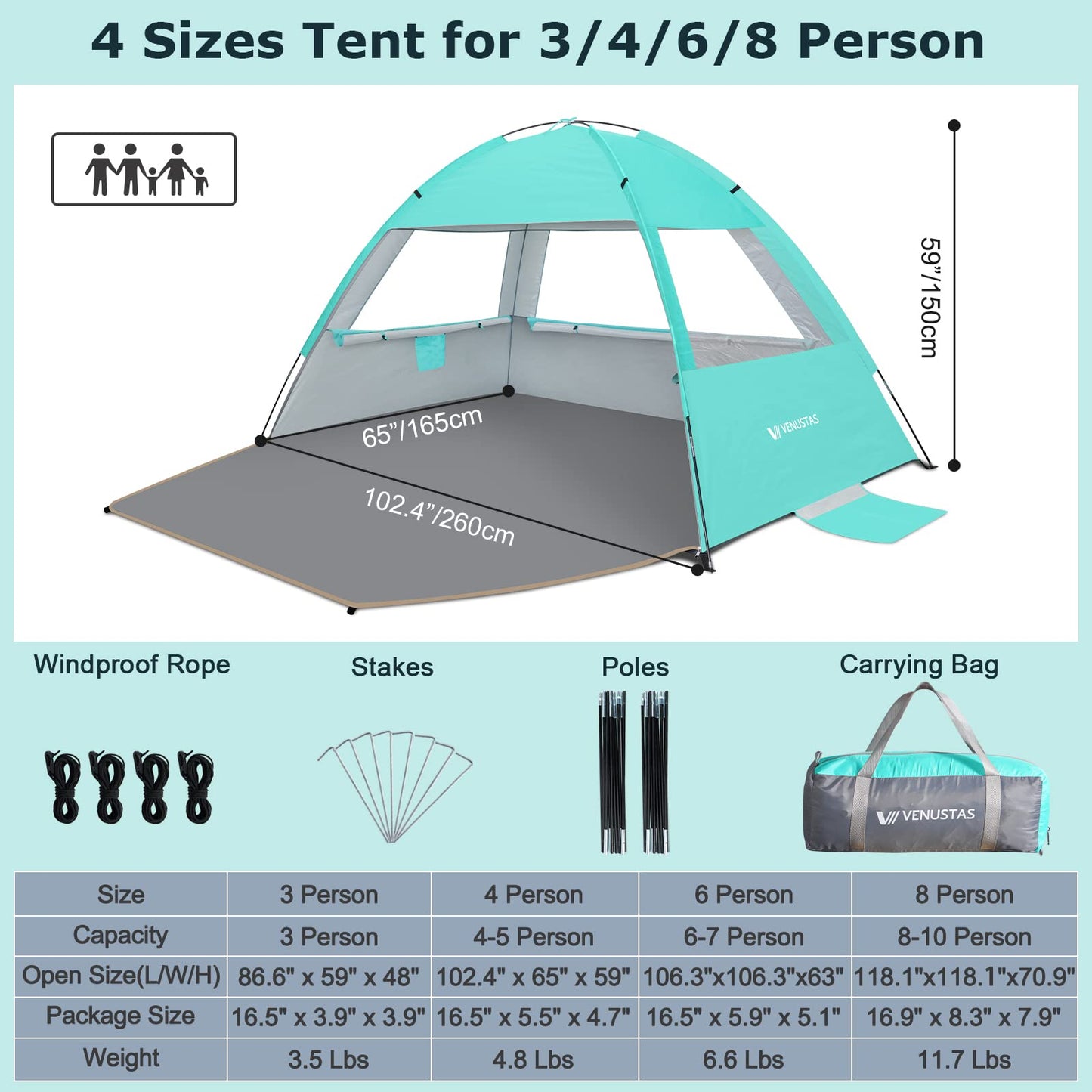 Venustas Beach Tent Sun Shelter for 3/4-5/6-7/8-10 Person, UPF 50+ UV Protection Beach Canopy, Lightweight and Easy Setup Cabana, Portable Beach Shade Tent