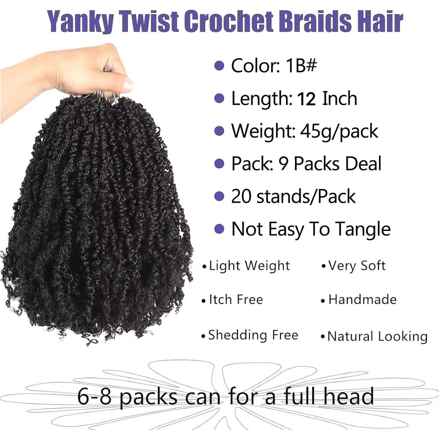 Datanala Yanky Twists Crochet Braiding Hair 12 Inch 9 Packs Crochet Hair with Curls Micro Spring Twists Crochet Hair Pre-looped Curly Crochet Braids Hair Extensions for Women (1B#, 12inch)