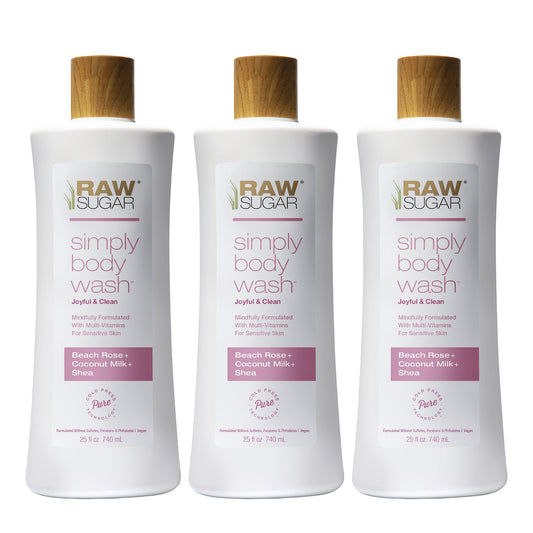 RAW SUGAR Simply Body Wash, Beach Rose + Coconut Milk + Shea (25 Fl Oz, Pack of 3) Sensitive Skin Bath Soap, Formulated without Sulfates & Parabens