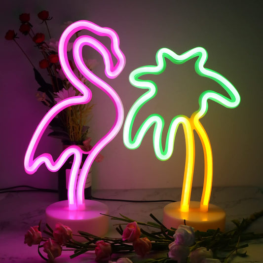 2 Packs Decoration Neon Signs Light Pink Flamingo and Green Palm Tree Neon Wall Decor Lights USB/Battery Powered Neon Lights for Bedroom Girls Kids Birthday Party Christmas (Flamingo&Palm Tree)