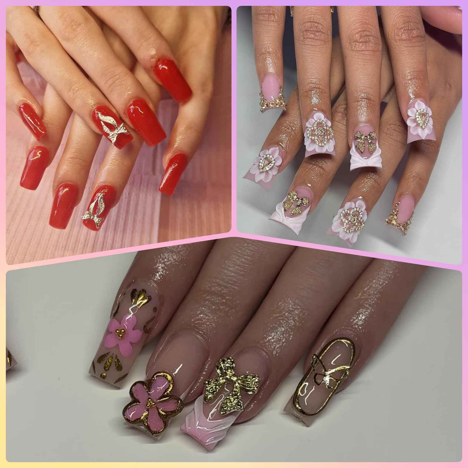 OPMADM 100Pcs Gold Nail Charms and Gems Charms for Nails Design Gold Charms for Nails Metal Bow Cherry Butterfly Cross Heart Star and Flowers