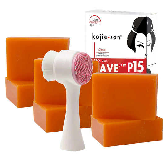 Kojie San Skin Brightening Brush Set - Original Kojic Acid Soap That Helps Reduces Dark Spots & Other Types of Skin Damage – 65g x 6 Bars and Relumins Deep Pore Facial Cleansing Brush