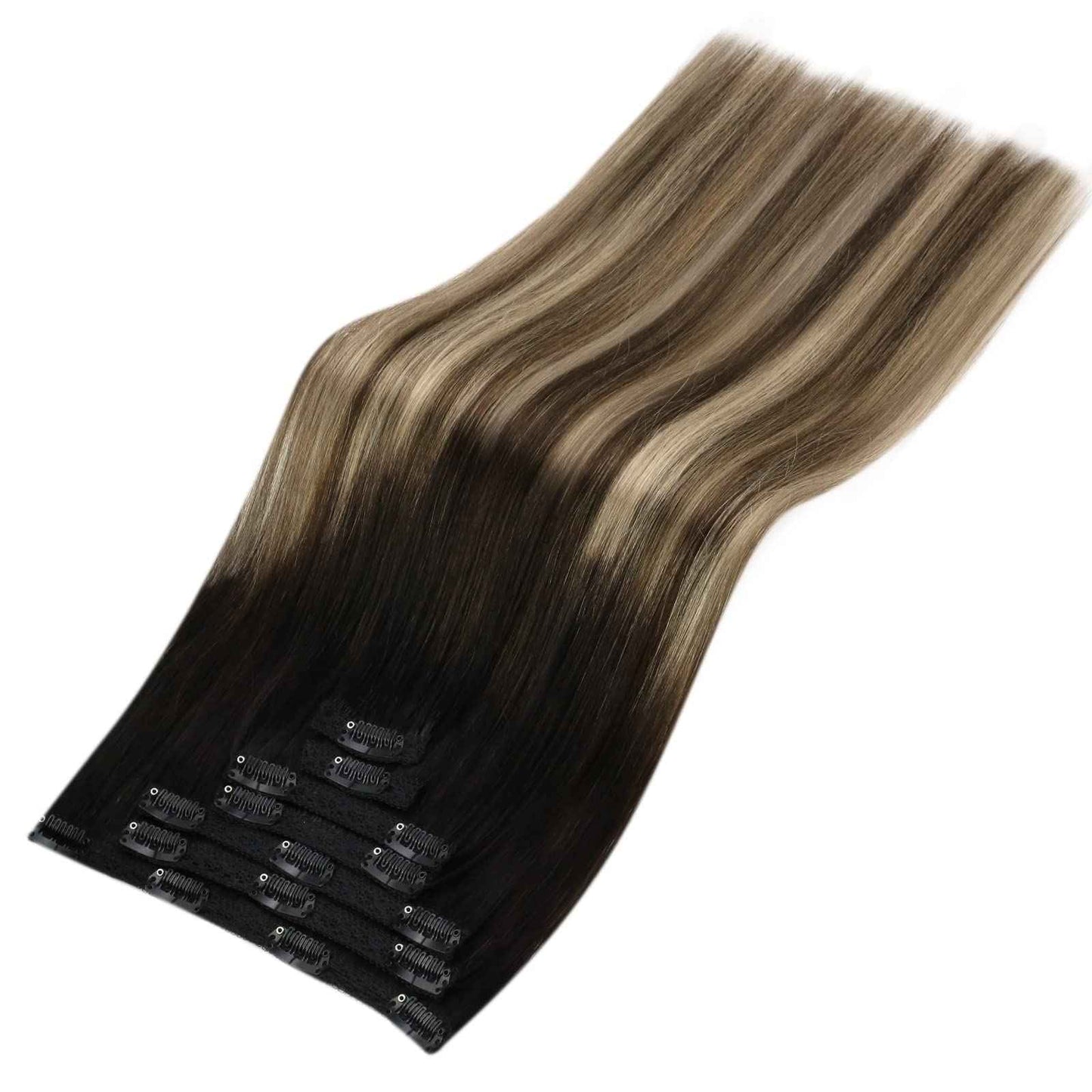 YoungSee 18 Inch Clip in Hair Extensions Black Ombre 120G Clip in Human Hair Extensions Balayage Natural Black Ombre Dark Brown Mix Caramel Brown Clip ins Extensions Ease of Use 18In 7Pcs