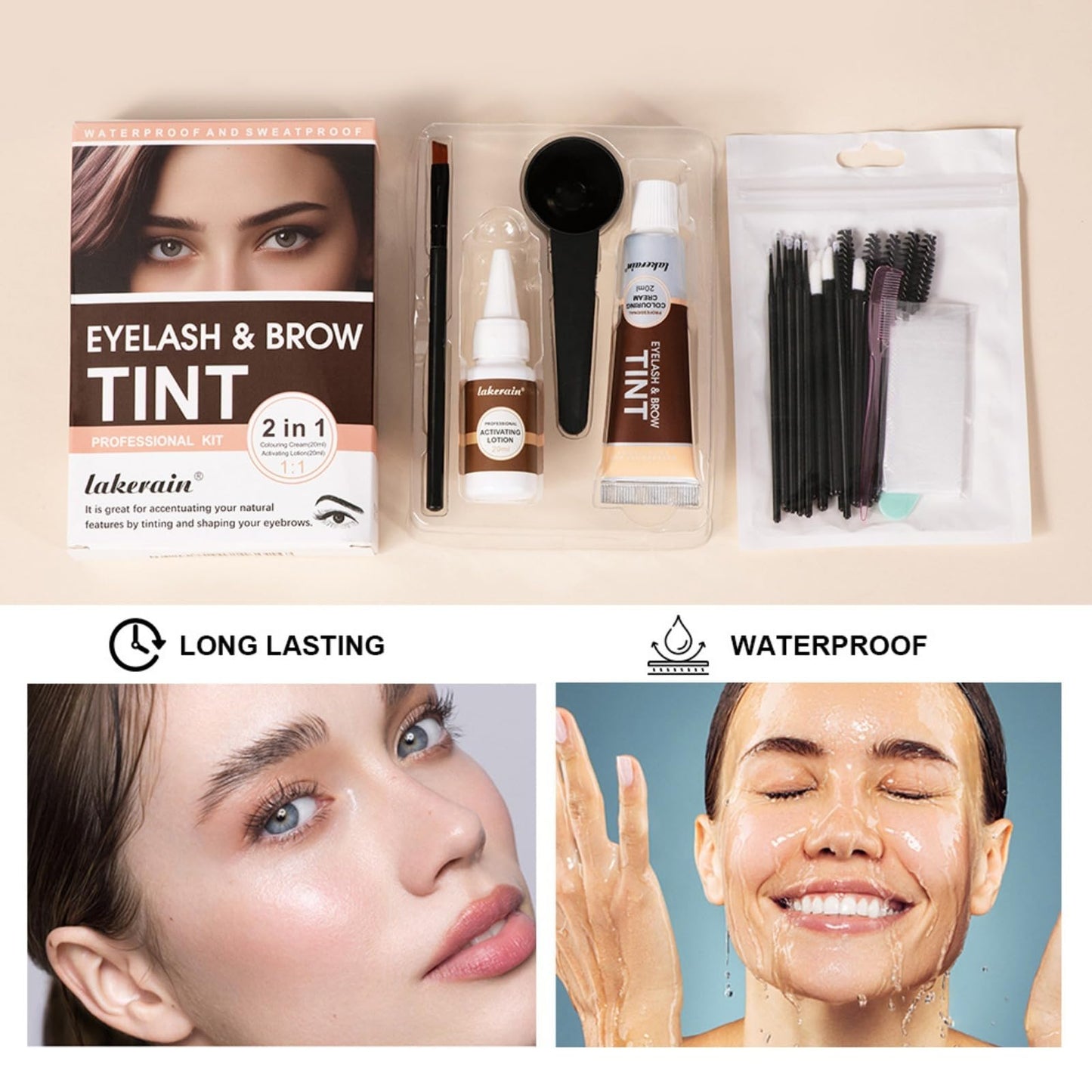 Eyelash and Brow Tint Kit, Natural Volumizing Eyebrow & Eyelash Color Kit, Long-lasting for 4-8 Weeks, Waterproof and Non-fading, DIY Use At Salon Or Home Professional Eyelash Treatment (Chestnut)