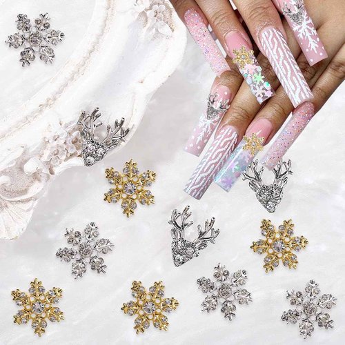 12Pcs Christmas Nail Charms 3D Alloy Snowflake Charm Gems Rhinestones Shiny Designs Silver Gold Jewelry for Women Girls Acrylic Manicure Decorations Supplies