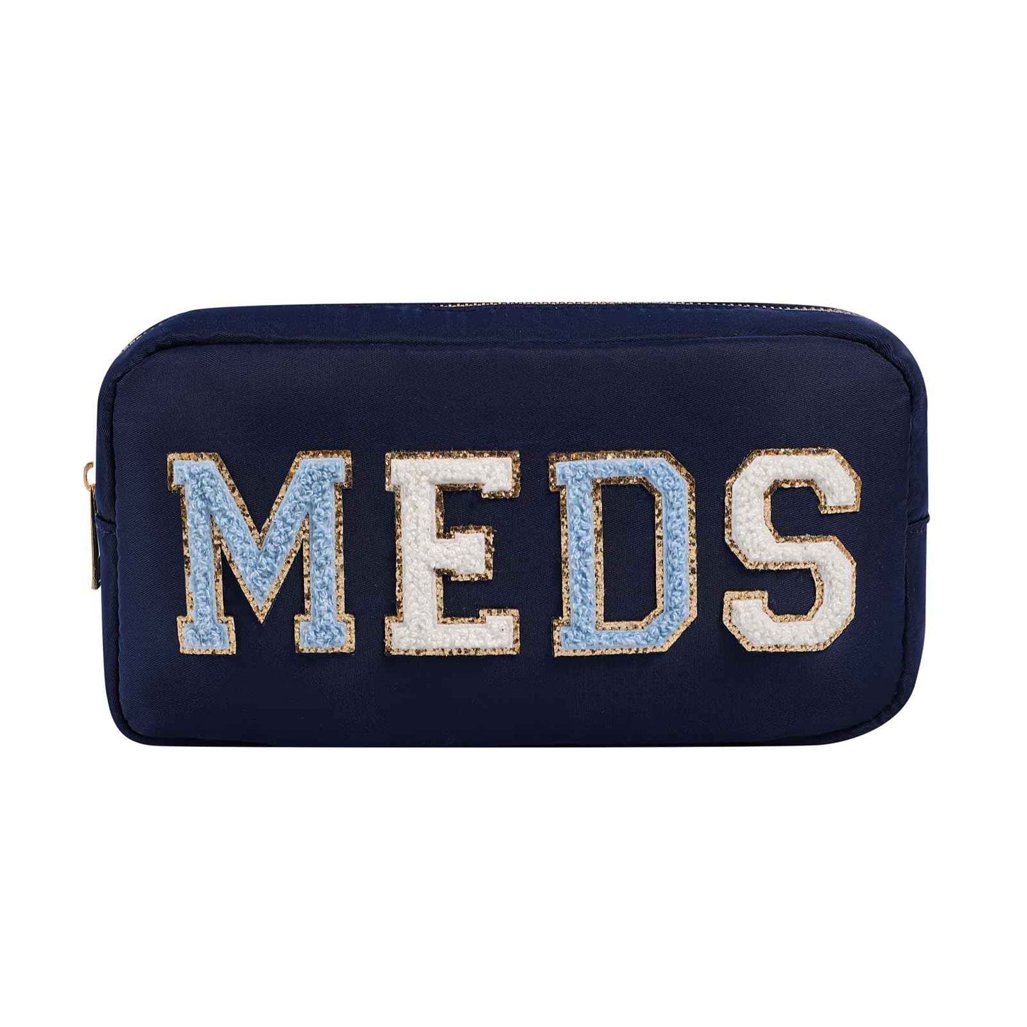 Chenille Letter Patch Nylon Medicine Packages,Cute MEDS Travel Makeup Bag with Metal Zipper, First Aid Purse Organizer Cosmetic Bag for Women and Girls(03Navy)