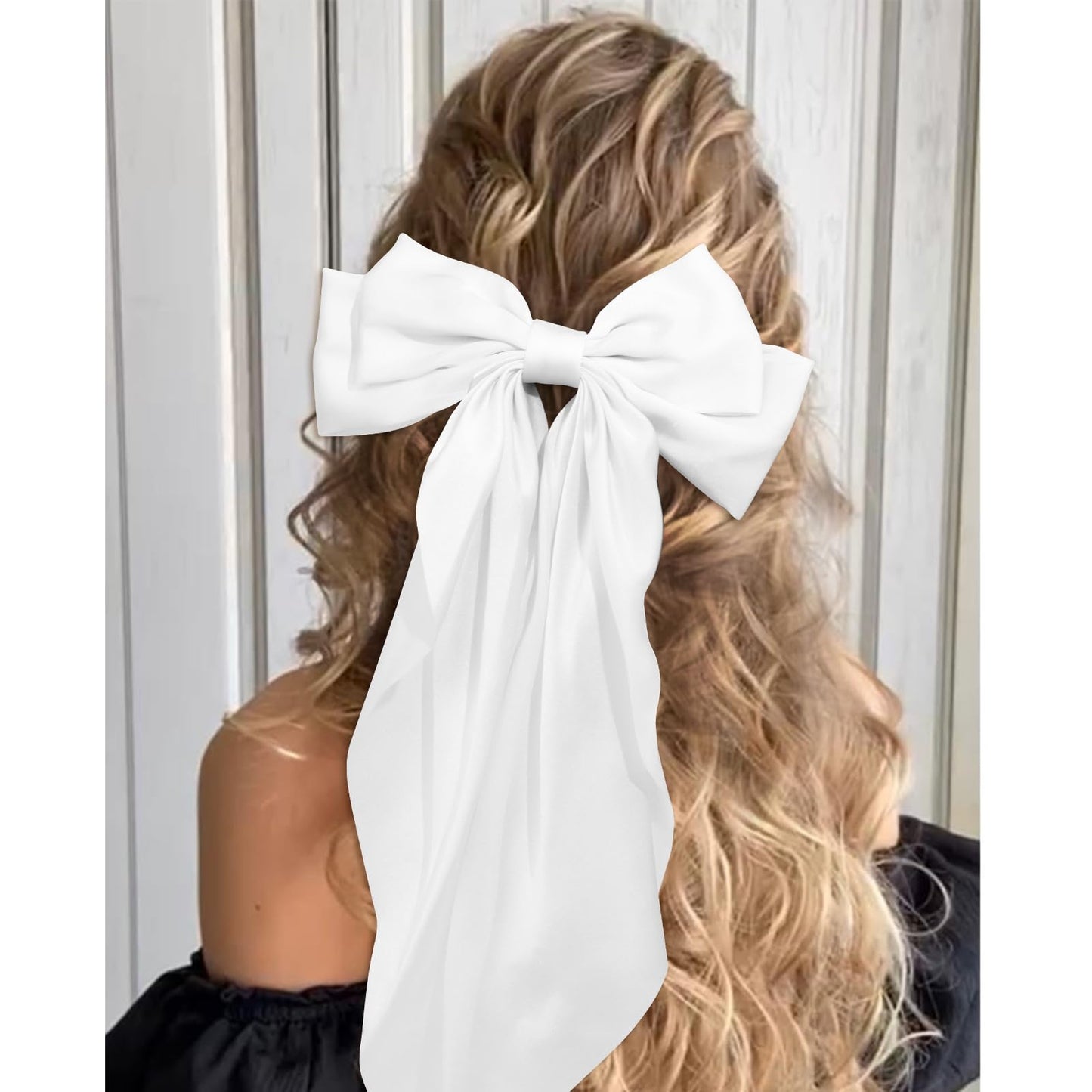 YISSION Large Silky White Satin Bow Hair Clips with Long Tail - 2Pcs Cute Hair Accessories for Women and Girls