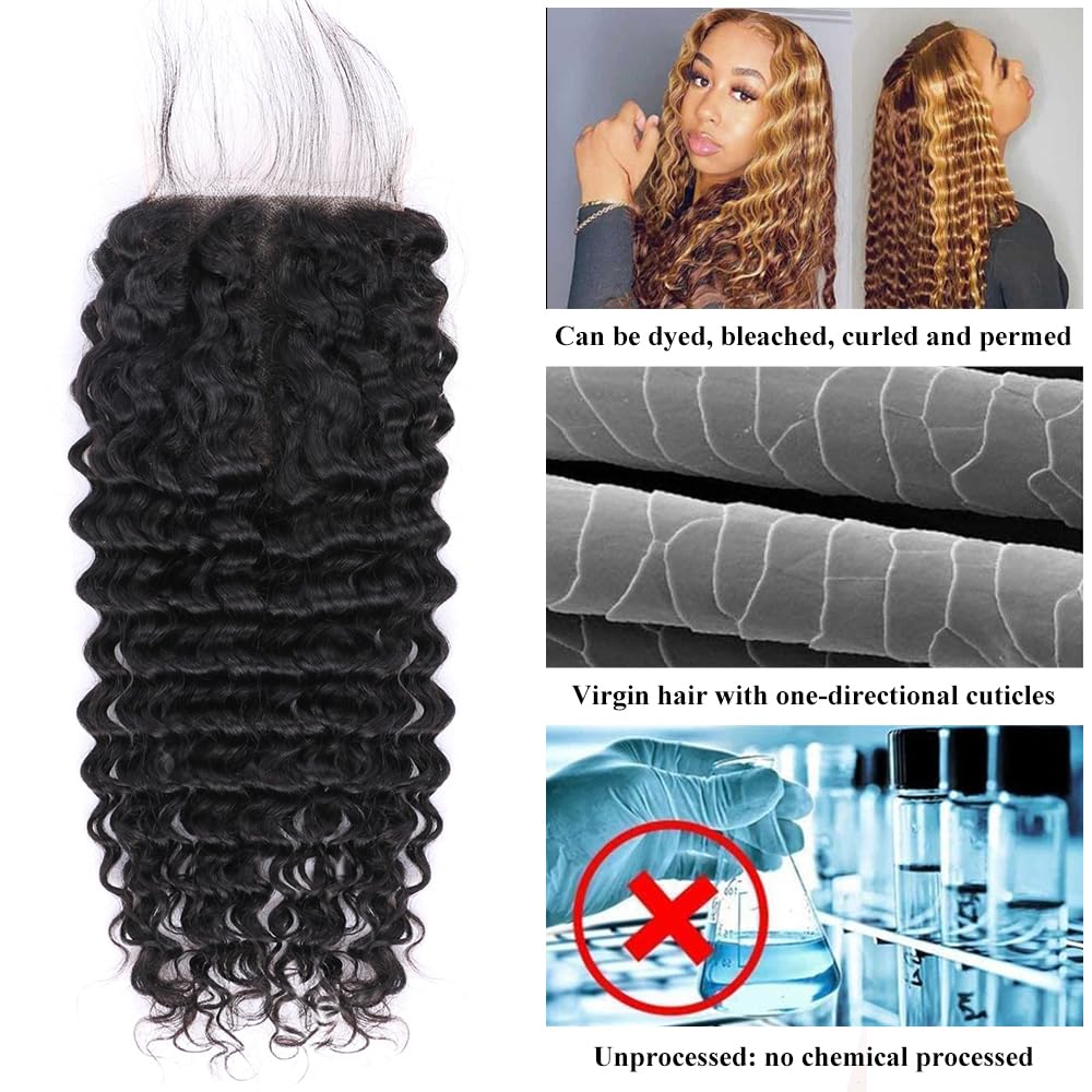 5x5 HD Lace Closure Deep Wave Ultra-thin Transparent HD Lace Closure 12A Brazilian Virgin Human Hair Closure Free Part Pre Plucked with Baby Hair Natural Black 12 Inch