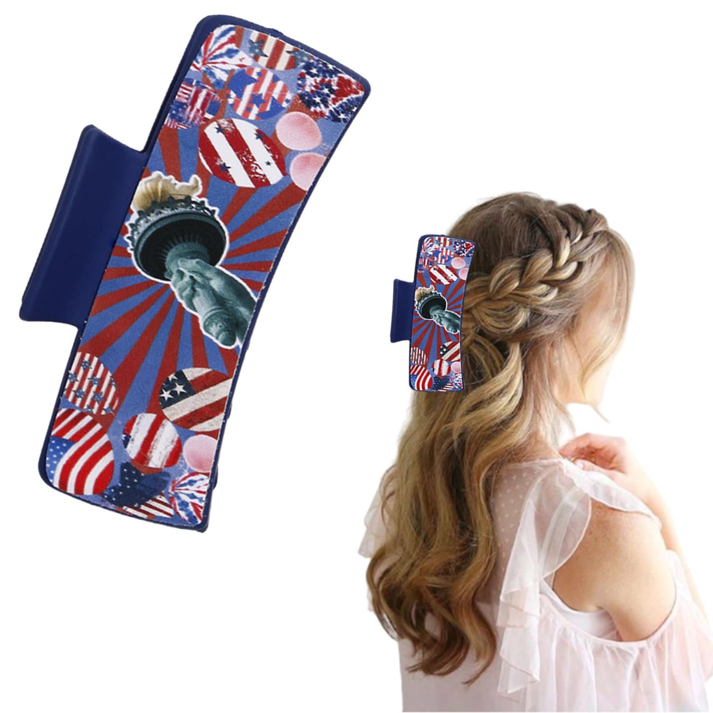 WEIXIWUYU Hair Clip, American Flag Leather Hair Claw Clip, Patriotic Statue of Liberty Hair Accessories, Red White Blue, 4th of July Memorial Day, for Women Girls