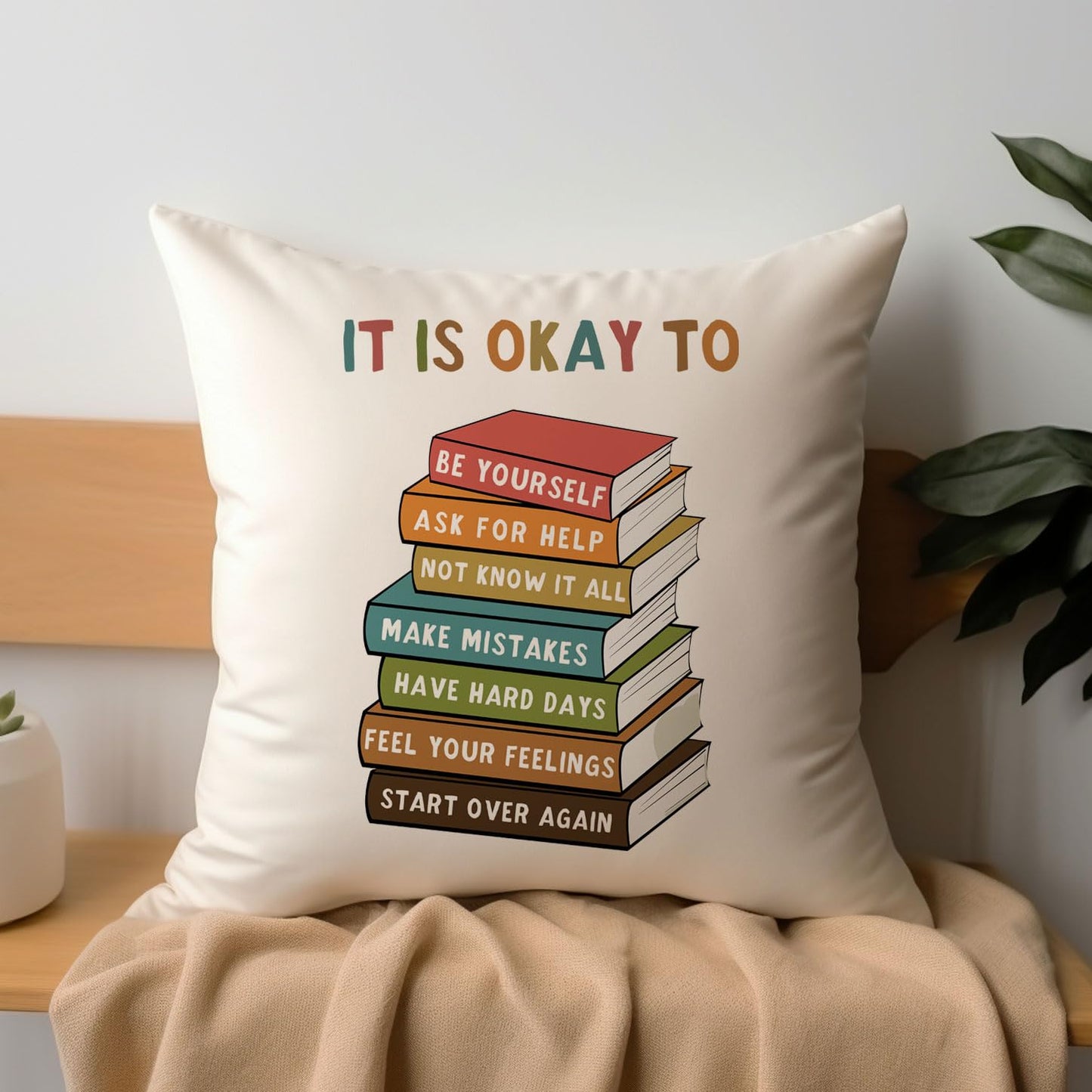 It’s Okay to Be Yourself Throw Pillow Covers, Square Throw Pillow Cover, Decorative Pillow, Book Pillow, Reading Corner Decor, Library Pillow, Book Lover Gift