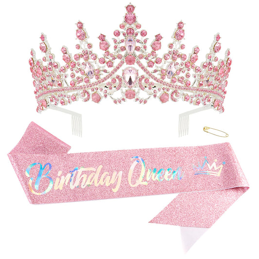 Canitor Birthday Crown Sash Set Birthday Tiara and Sashes for Women Girls Queen Birthday Decoration Princess Bride Crown for Wedding Prom Halloween Cosplay Party Quinceanera (rose gold)