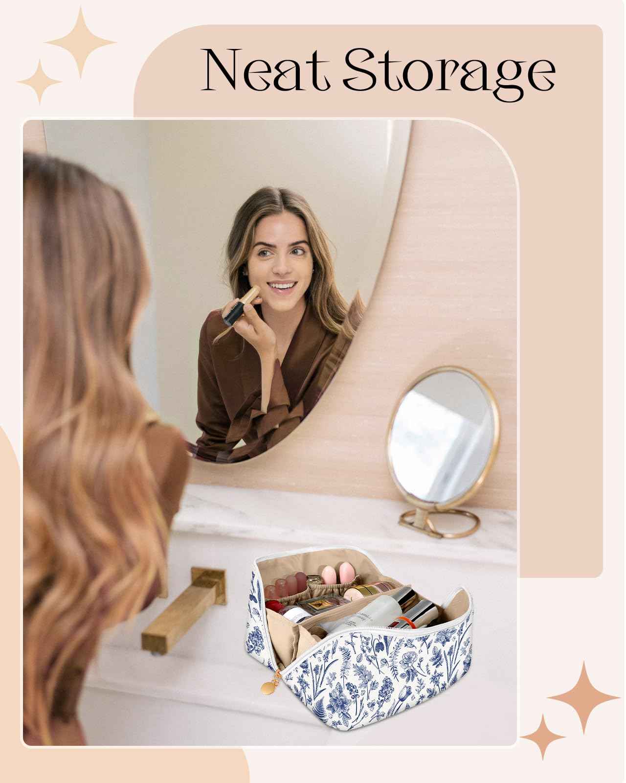 Bistup Makeup Bag Travel Cosmetic Bag Toiletry Make Up Bags Cute Women Large Capacity Big Medium Leather Blue Floral Aesthetic Girl Teen Teenage Foldable Expandable Open Flat Zip