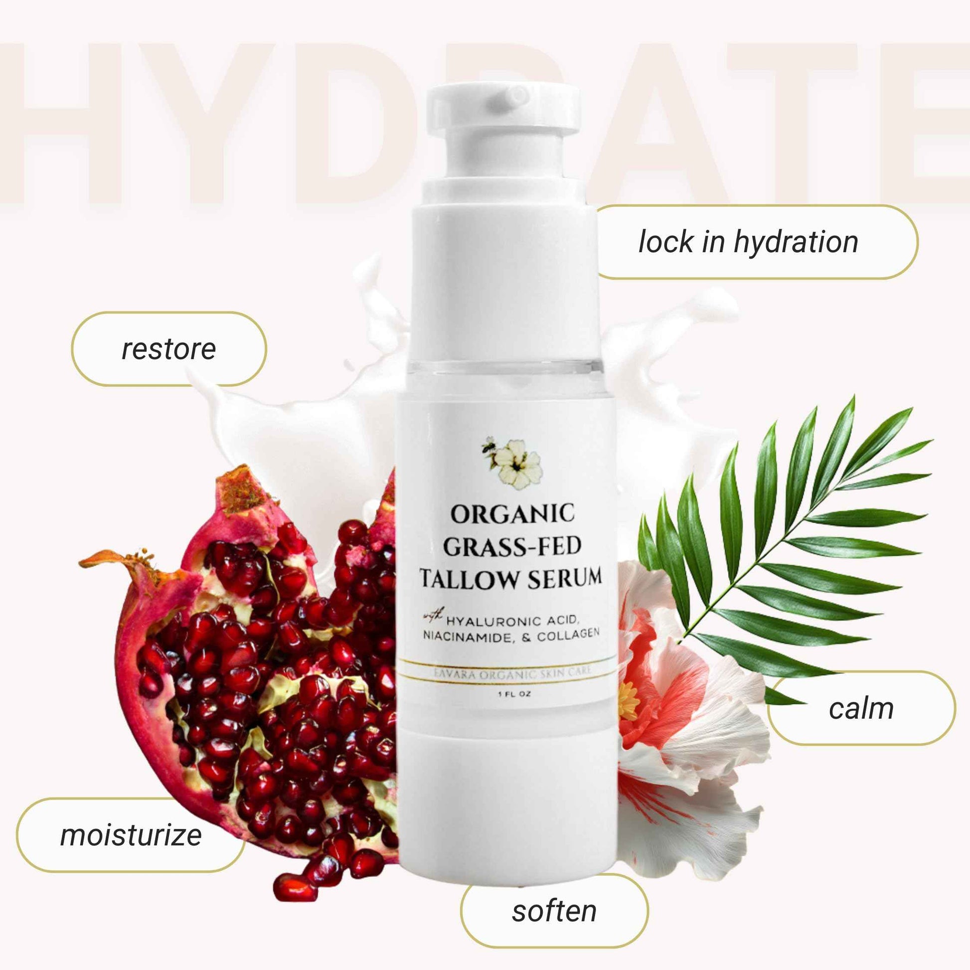 Eavara Beef Tallow Serum for Men & Women - Grass Fed All-Natural Tallow with Hyaluronic Acid, Collagen & Jojoba Oil - Firms & Reduces Wrinkles - Made in USA, Sensitive Skin Safe - 1.0 Fl Oz