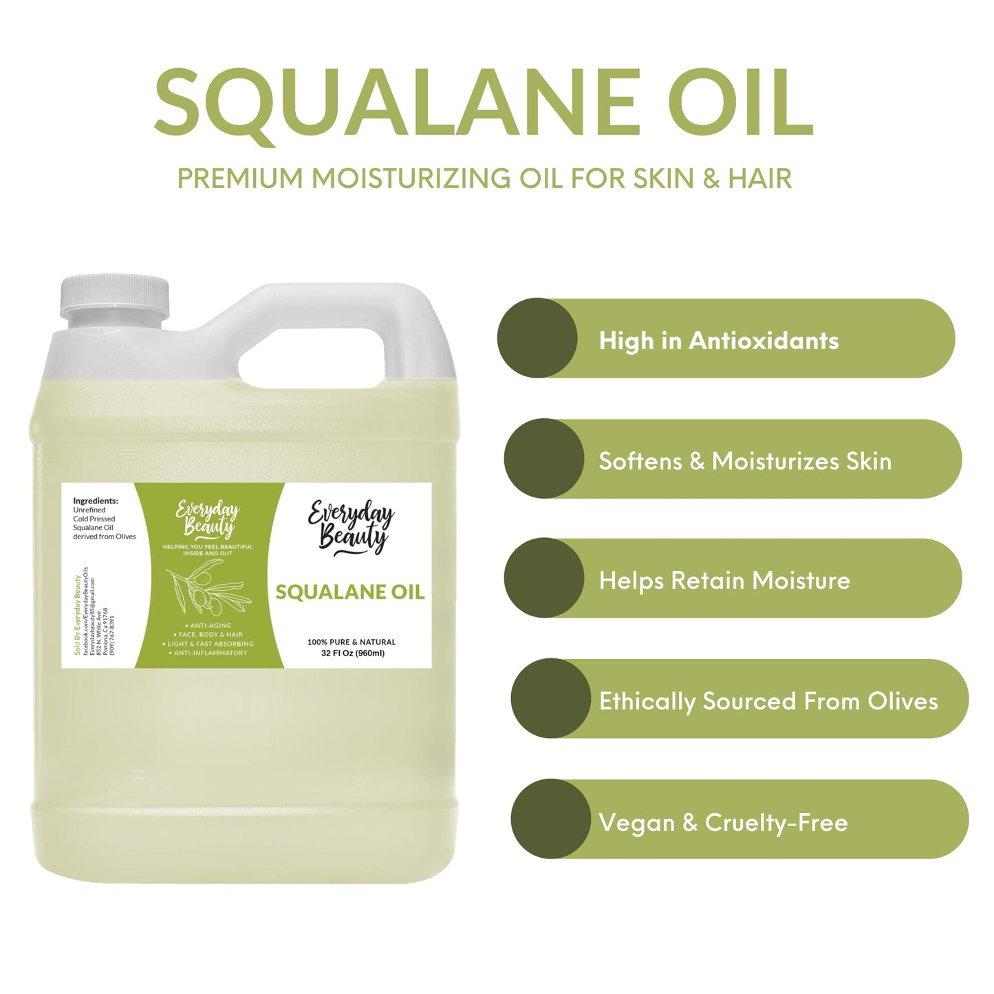 Squalane Oil Bulk- 32 oz 100% Pure & Natural Plant Derived Facial Oil - Cold Pressed and Unrefined Premium Grade Multipurpose Moisturizing Oil For Skin and Hair