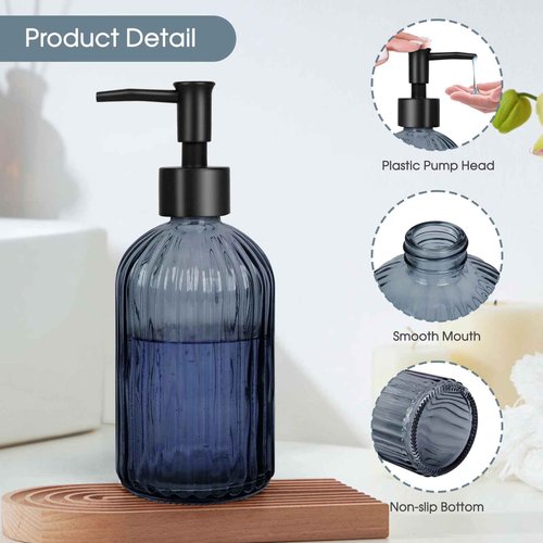 2 Pack Stripe Glass Soap Dispenser with Black Plastic Pump, 400ml Liquid Hand Soap Dispenser, Rustproof Pump for Kitchen & Bathroom, Great for Lotions, Essential Oil, Liquid Soaps- (Grayish Blue)