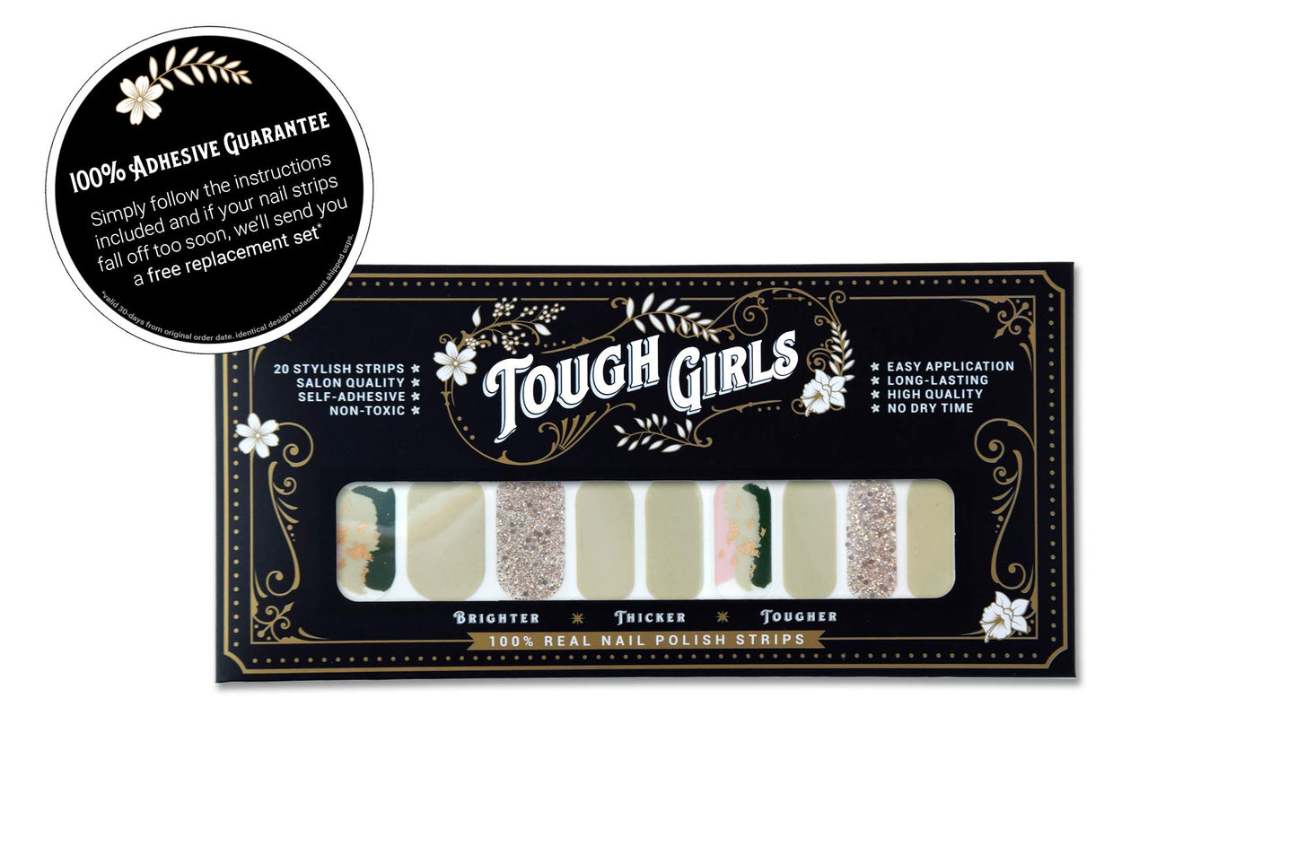 TOUGH GIRLS | 20 Exquisite Gel Nail Polish Strips w/Application Accessories - No UV/LED Lamp Required (Pale Green, Pink, Gold & Sparkles)