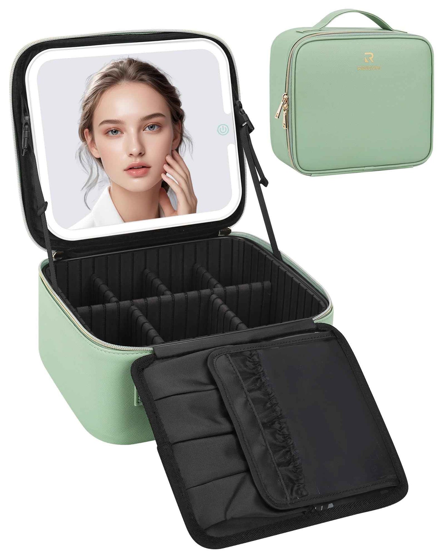 Relavel Makeup Bag With Light Up Mirror, Travel Cosmetic Case With Brush Organizer Storage Box, Rechargeable Vanity With 3 Color Lights, High Frame Protection (Green)
