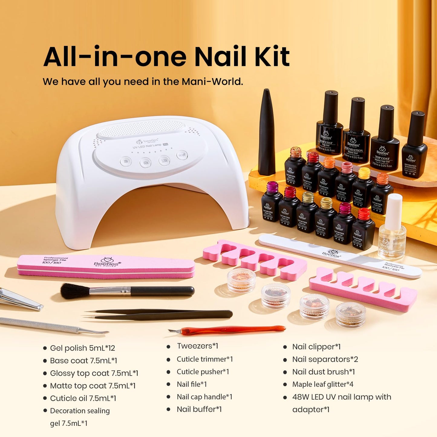 Beetles Gel Nail Polish Kit with UV Light 12 Colors Fall Starter Kit,Maple Avenue Glitter Brown Red Purple Gel Polish Set Base Top Coat Gel Maple Leaf Manicure Home Diy Nail Art Gift