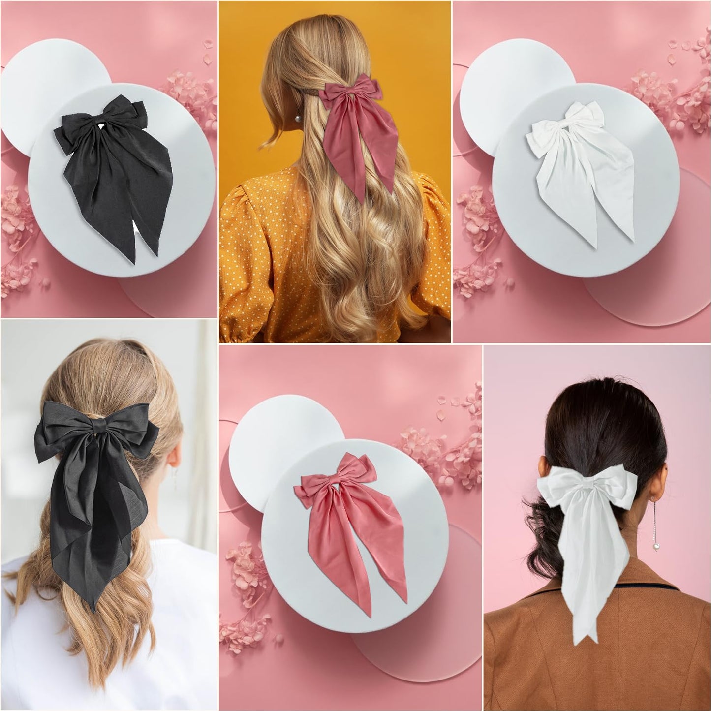 HUFITION Hair Bow Clips, 3PCS - Hair Ribbons for Women, Satin Bow For Hair Clips For Styling, Silk Hair Barrettes For Adult Women - 72 Count - Black, Beige, Light Pink