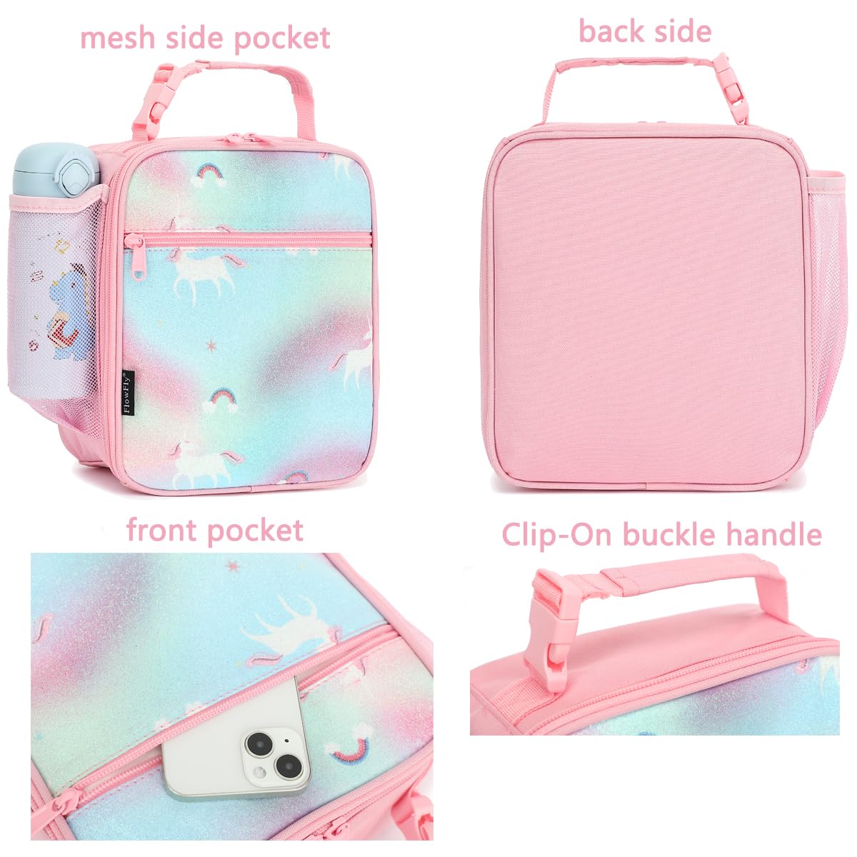 FlowFly Kids Lunch box Insulated Soft Bag Mini Cooler Back to School Thermal Meal Tote Kit for Girls, Boys, Glitter-Unicorn