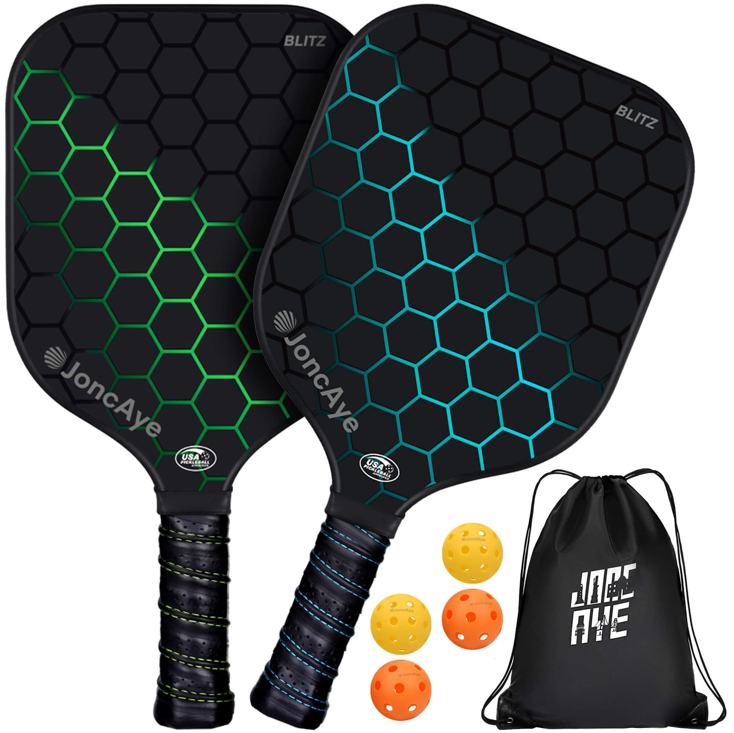 JoncAye Pickleball Racket Set with 2 Fiberglass Paddles and 4 Pickle-Ball Balls, 1 Paddle Bag |USAPA Approved Pickleball Racquets for Adults, Kids, Pickleball Gear w/Accessories