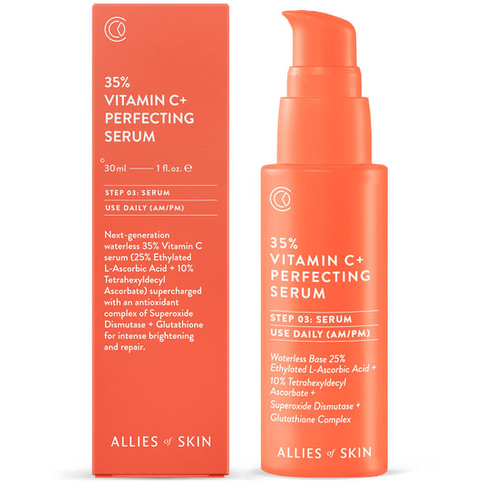 Allies of Skin 35% Vitamin C+ Perfecting Serum: Tetrahexyldecyl Ascorbate + Ethylated L-Ascorbic Acid, Glutathione, Superoxide Dismutase. Waterless, Antioxidant. Brightens & Plumps 1 oz / 30 ml