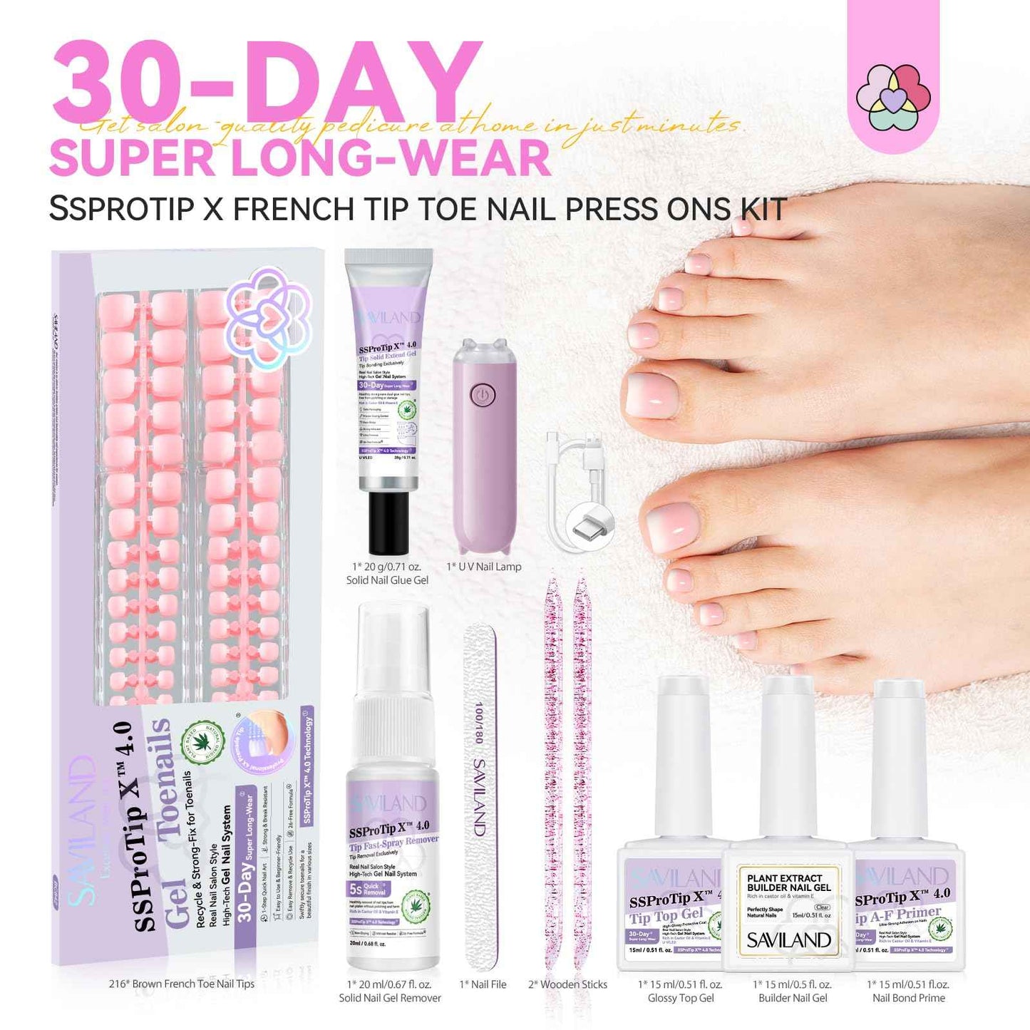 SAVILAND Press On Toenails Kit: 216 PCS Nail Press on Toenails French Tips Pink White Toe Gel Toenails Nail Tips Press on Toenails for Women Solid Nail Glue Gel for Toe Nail Extensions 18 Sizes