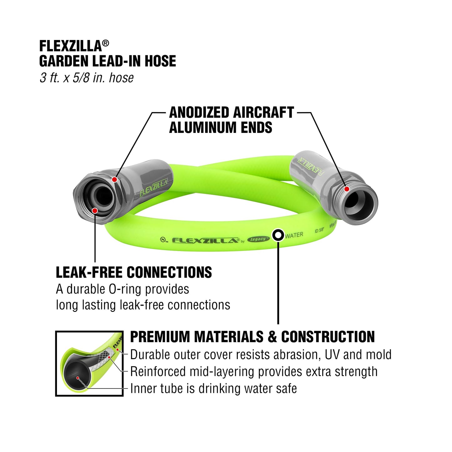 Flexzilla Garden Lead-In Hose 5/8 in. x 3 ft., Heavy Duty, Lightweight, Drinking Water Safe, ZillaGreen - HFZG503YW-E