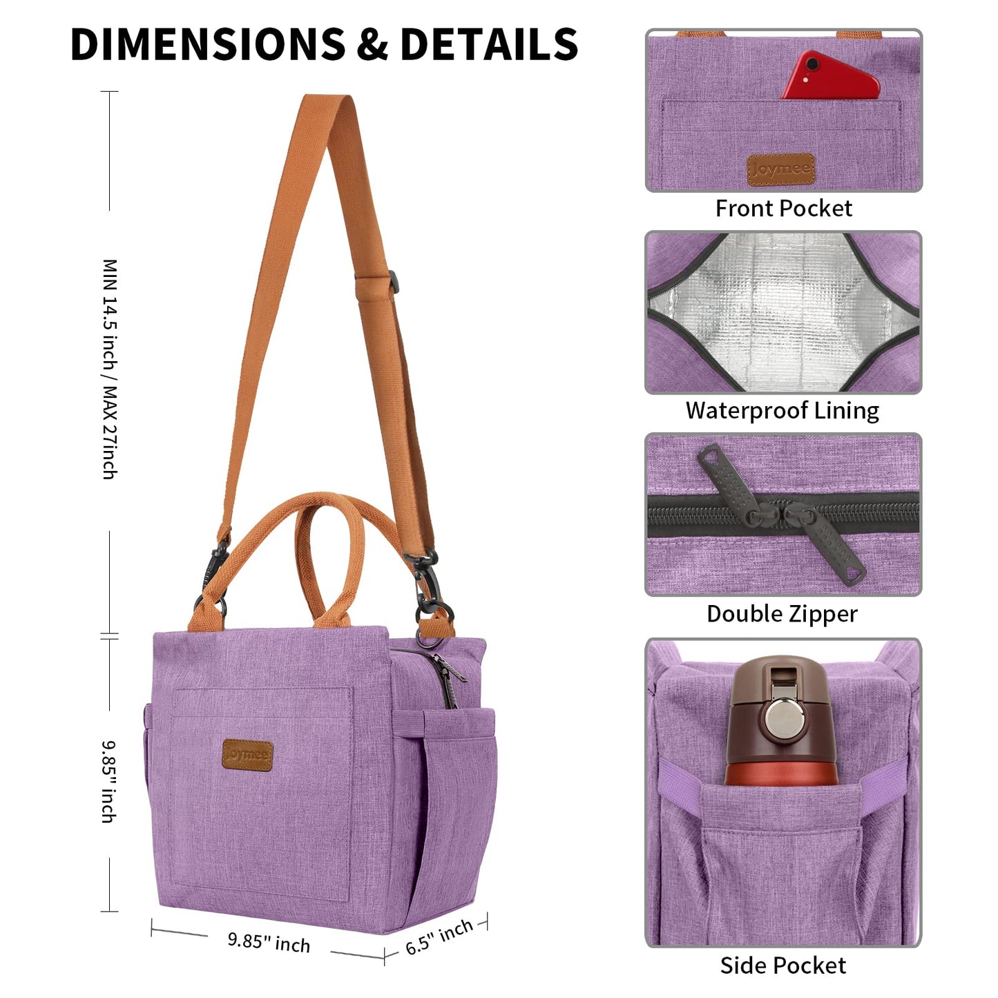 Joymee Lunch Bag Women Insulated Lunch Box with Adjustable Shoulder Strap Large Reusable Leakproof Spacious Cooler Tote for Women Men Adult with Bottle Holder and Side Pockets - Purple