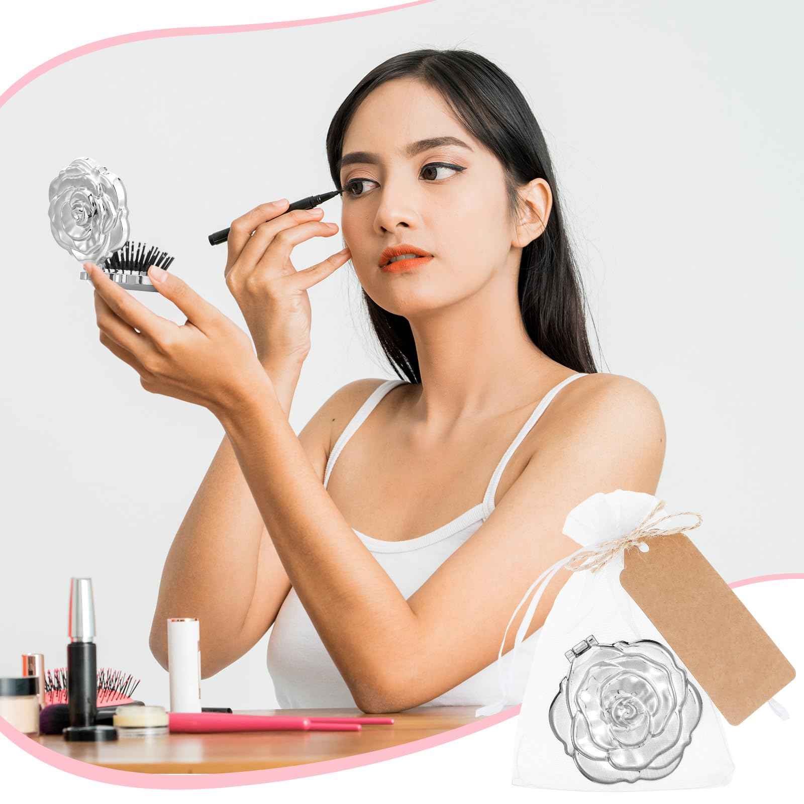 Singhoow 24 Sets Rose Compact Mirrors Brush Bulk Quinceanera Party Favors for Guests Travel Mirror Thank You Gifts Bulk for Sweet 16 15 Party Favors Bridal Shower Wedding Souvenirs(Silver)