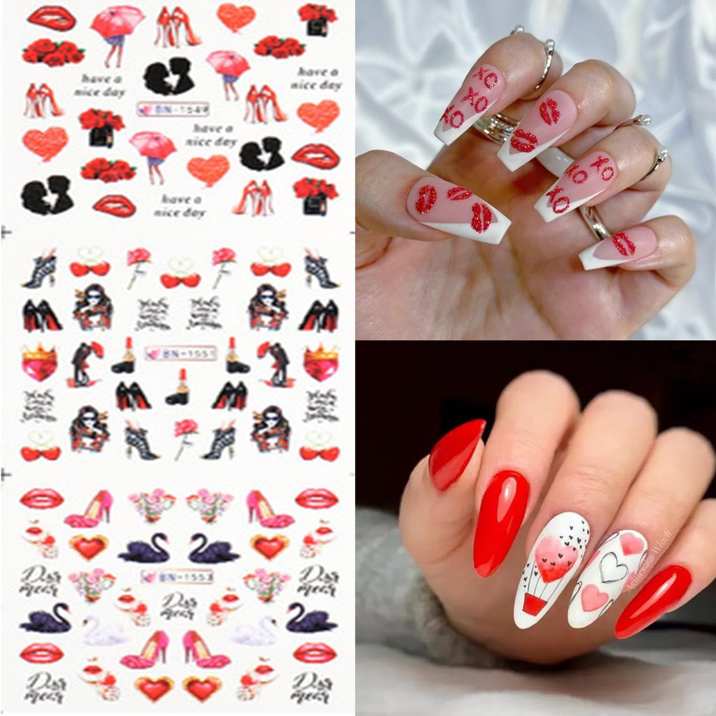 12 Sheets Valentine's Day Nail Stickers Water Transfer DIY Self-Adhesive Nail Stickers Heart Rose Love Sexy Lips Lipstick Valentines Nail Art Tattoo Stickers Nail Decoration for Women Girls