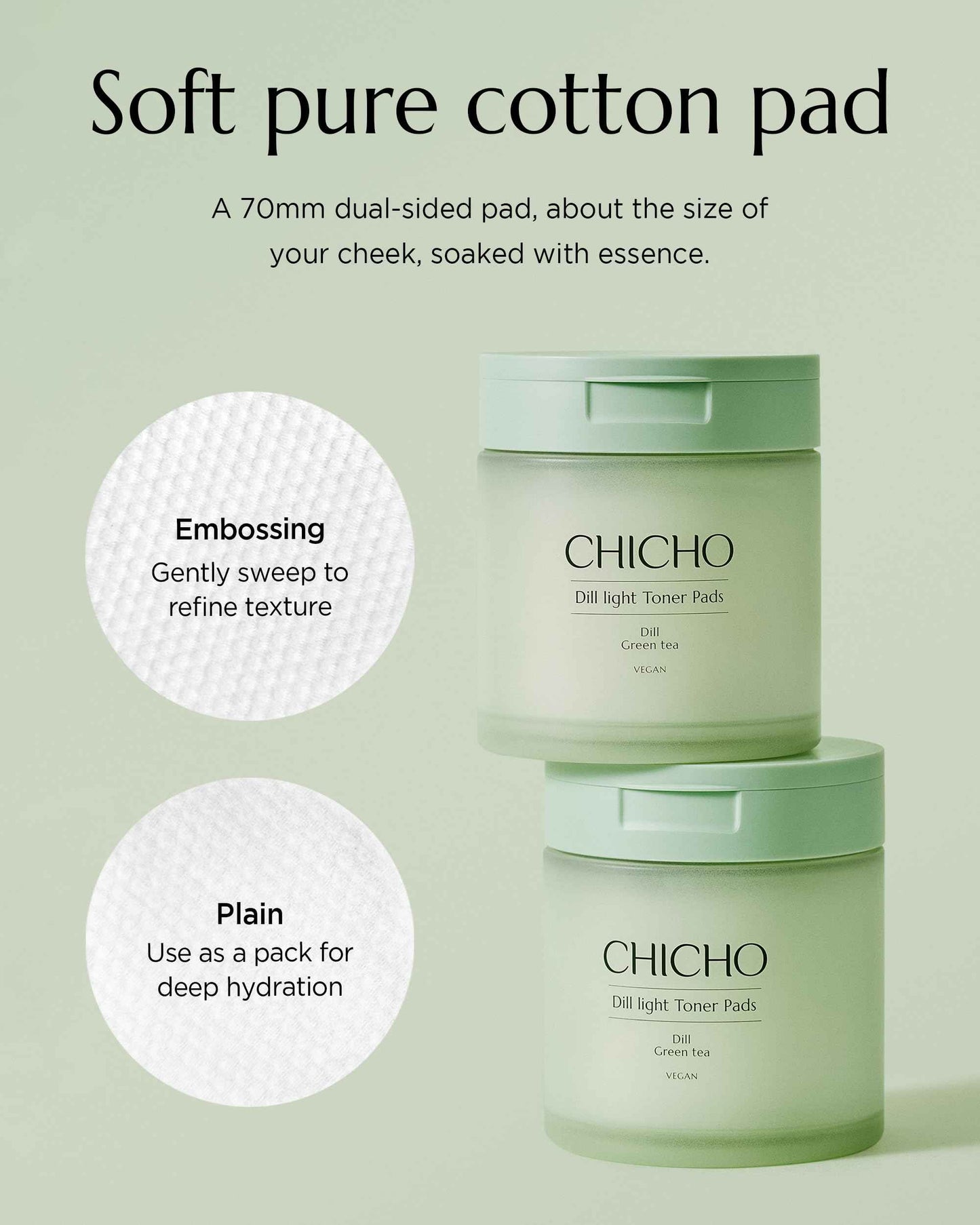 CHICHO Dill Light Toner Pads 82.9% Dill Extract Green Tea Centella Korean Face Exfoliating and Moisturizing Pad Sensitive Skin Vegan OEKO-TEX Cotton - For Dull & Rough Skin, 80 Pads