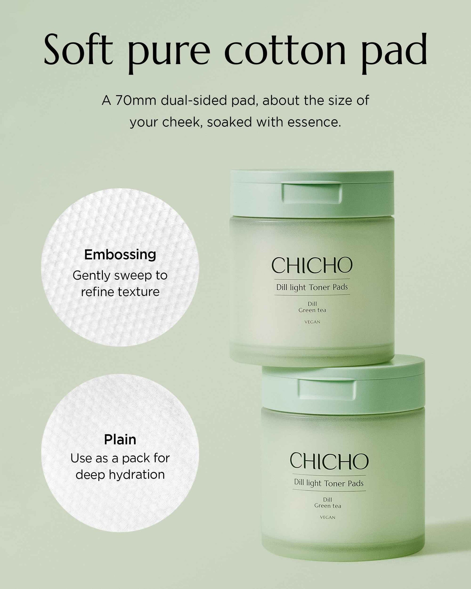 CHICHO Dill Light Toner Pads 82.9% Dill Extract Green Tea Centella Korean Face Exfoliating and Moisturizing Pad Sensitive Skin Vegan OEKO-TEX Cotton - For Dull & Rough Skin, 80 Pads