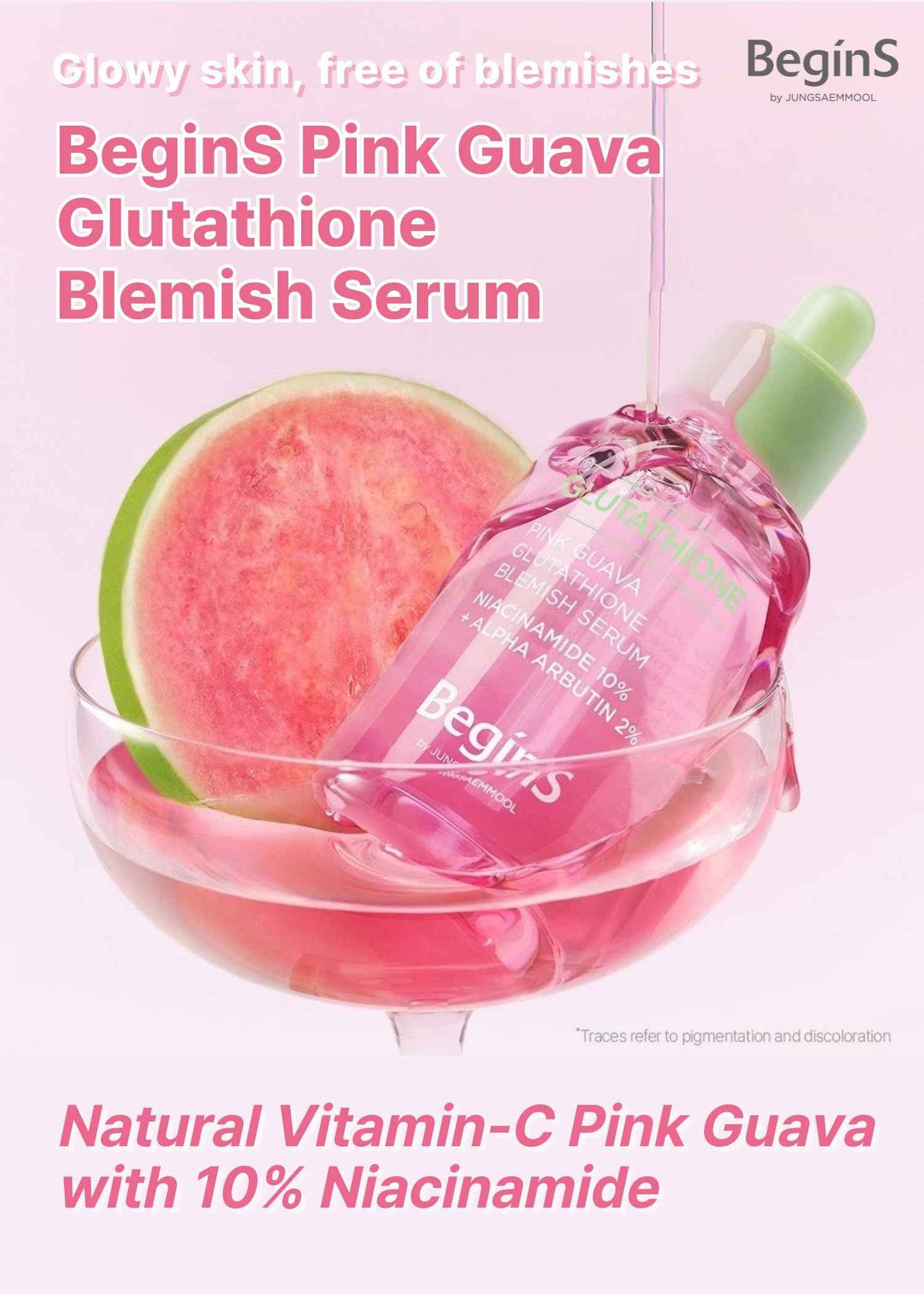 BeginS by JUNGSAEMMOOL Pink Guava Glutathione Blemish Serum 1.01 Fl Oz, Uneven Skin Tone Care Serum with 99% Pure Glutathion, Niacinamide, Vitamin C, Fast-Absorbing Hydrating Texture, Korean Skincare
