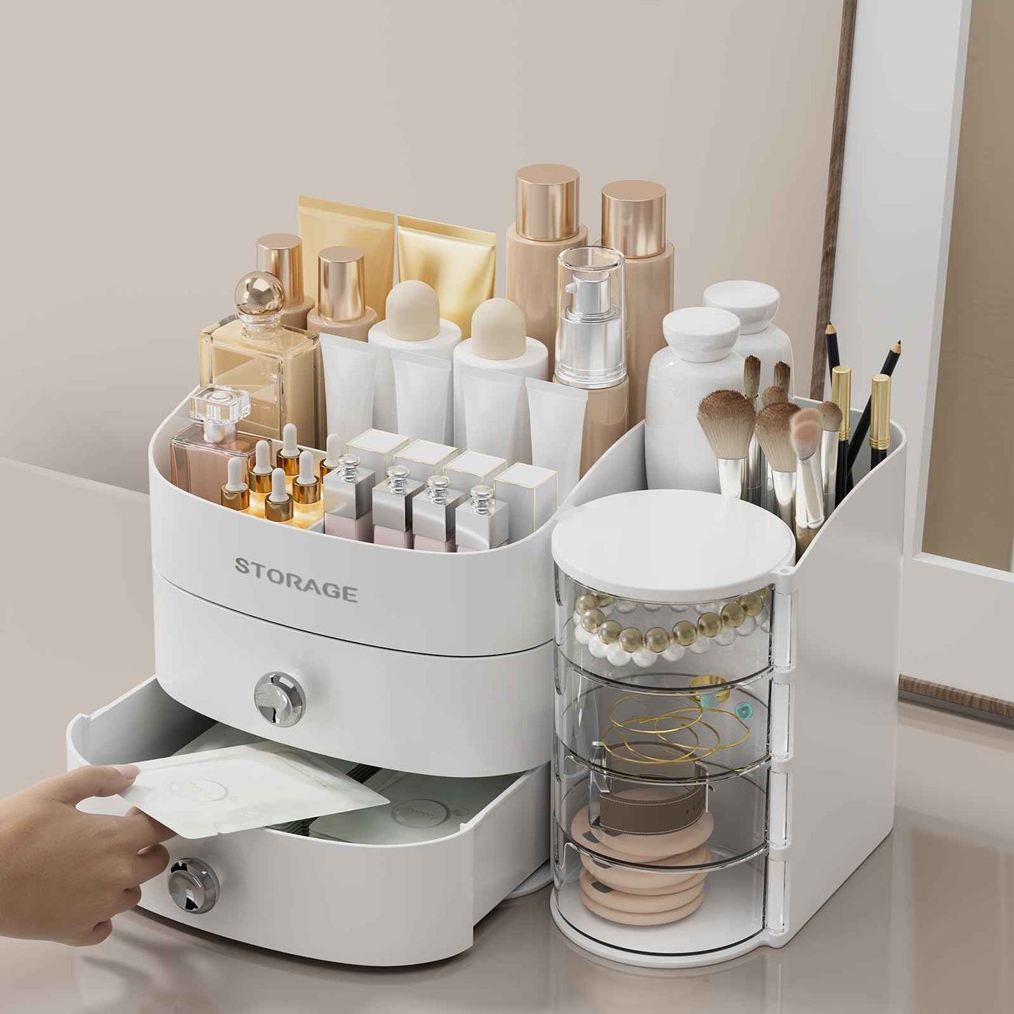 Makeup Organizer Countertop with Drawers, Make up Organizers for Vanity, Skincare Jewelry Earring Organizers, Cosmetic Display Cases Makeup Storage for Bedroom & Bathroom, Ideal Gifts for Women(White)