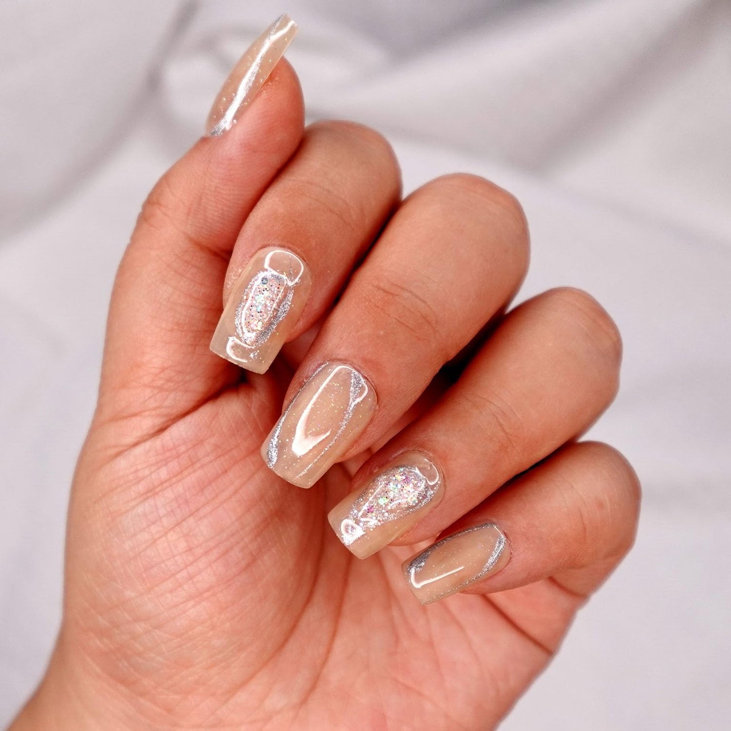 10 Pcs Handmade Press on Nails (X-Small, Nude Crystal - Jelly Nude with Unicorn Micro Glitter Silver Geode Design/Short Square) A120XS