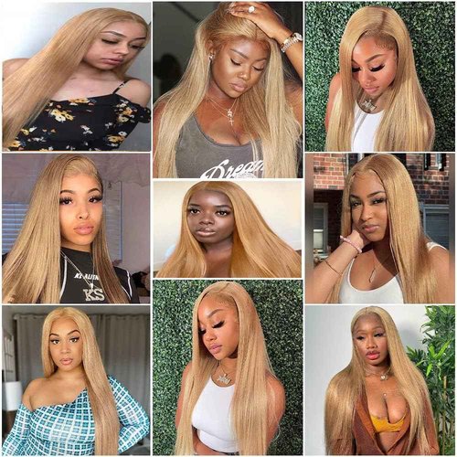 #27 Honey Straight Human Hair Bundles 3 Bundles Straight Hair Brazilian Virgin Human Hair Extensions Unprocessed Hair Bundles for Women 14 16 18 Inch