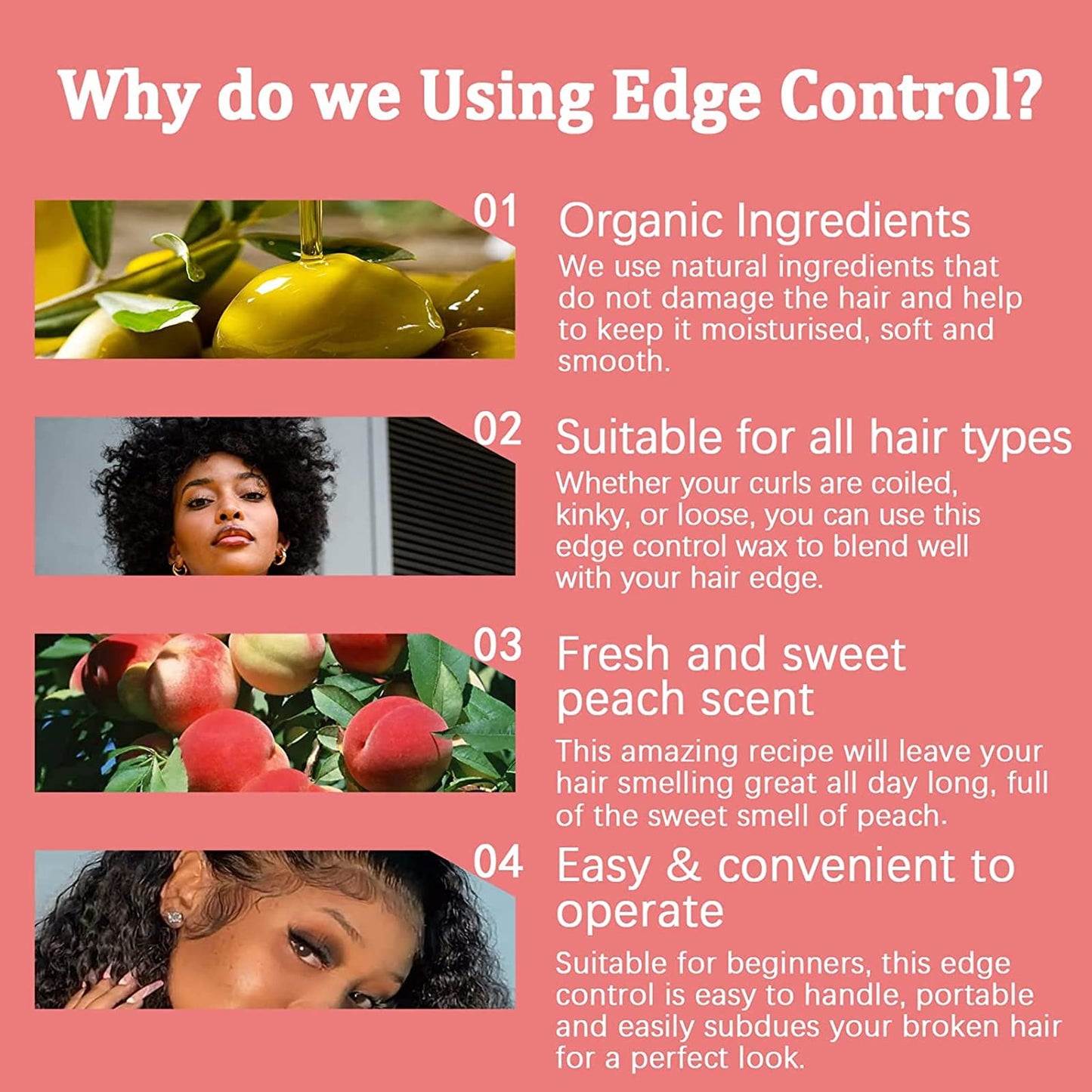 Goiple Edge Control Wax for Women Strong Hold Non-greasy Smoother Edge Wax Styling Tamer Edge Control for Black Hair No Flaking, White Residue, Edge Control Set (Sweet Peach)