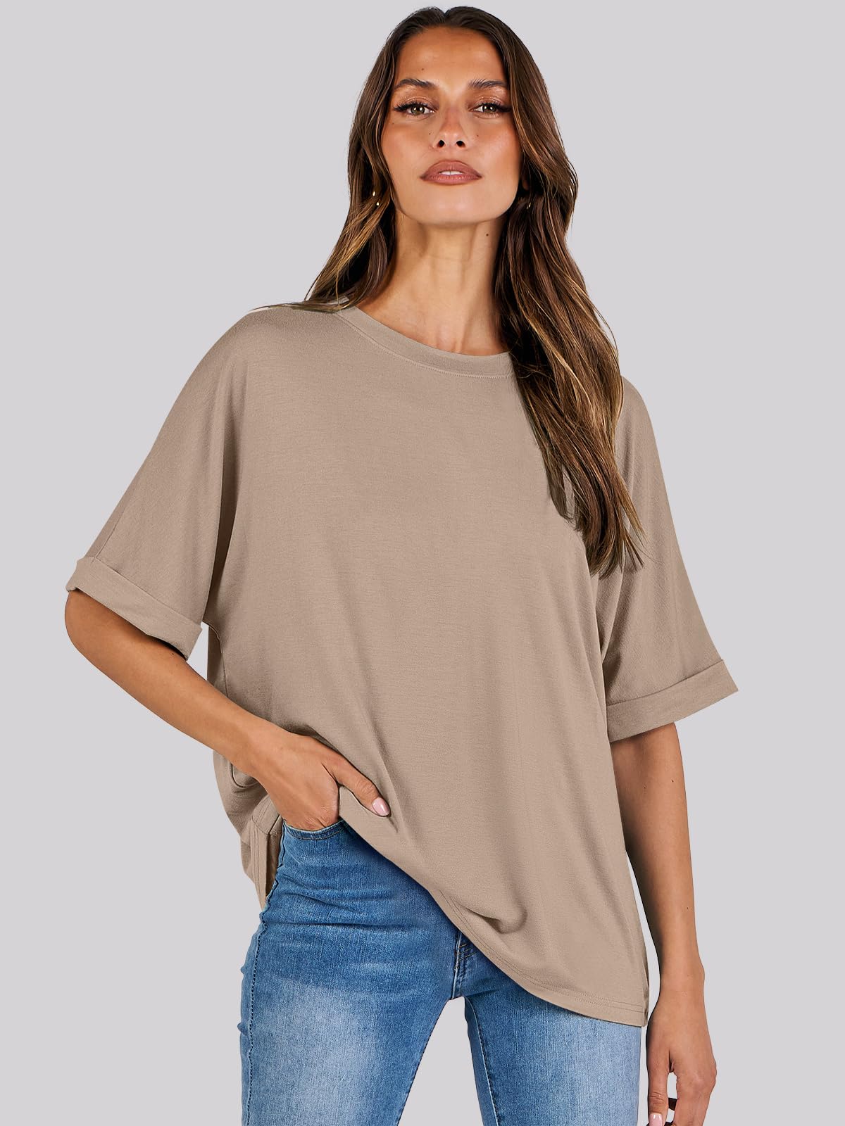 ANRABESS Women's Oversized T Shirts Short Sleeve Crewneck Summer Tops Casual Loose Basic Tee Shirts 2024 Trendy Clothes Khaki Small