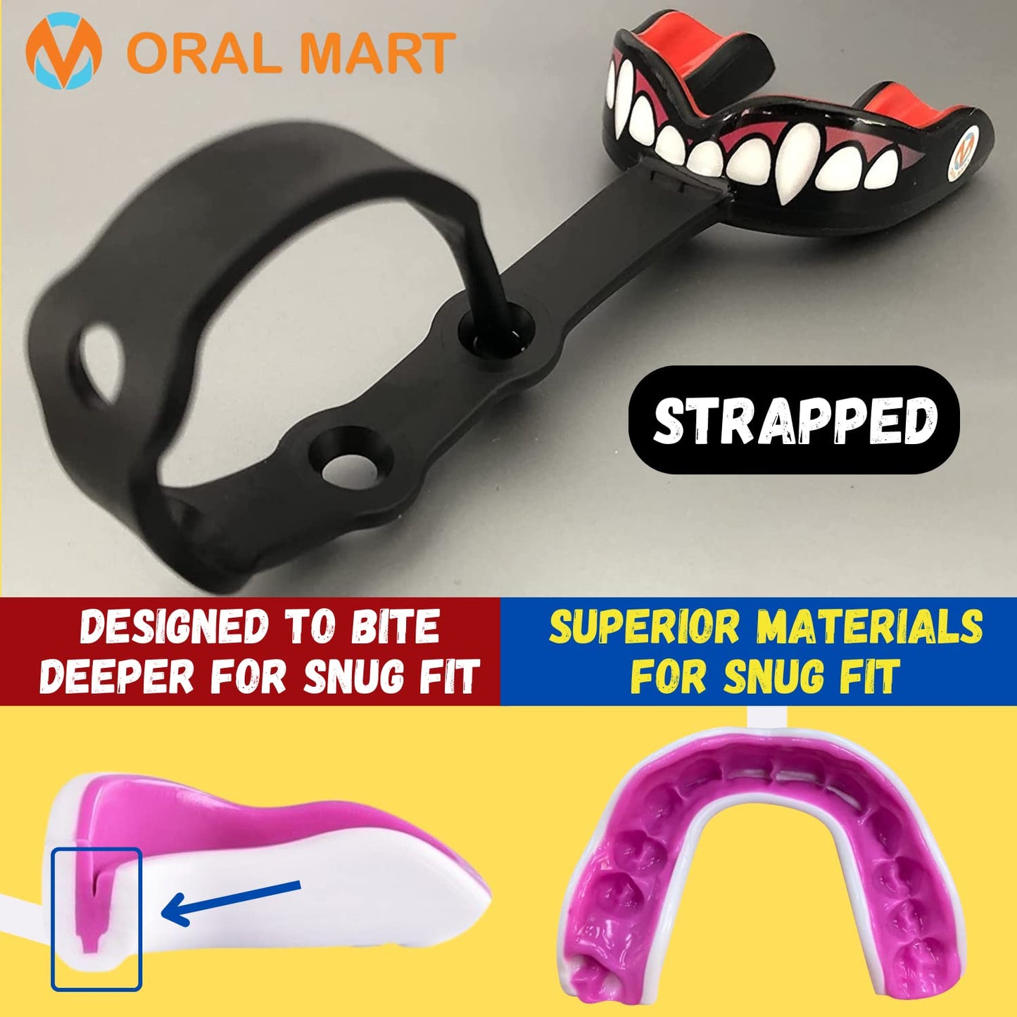 Oral Mart Vampire Fangs Strapped Youth Mouth Guard for Kids - Sports Mouthguard with Connected Strap for Ice Hockey, Football, Lacrosse, Taekwondo