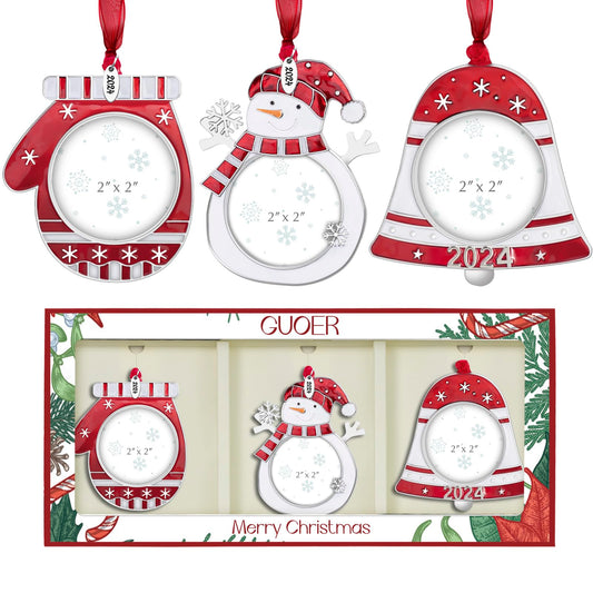 GUOER 3PCS Christmas Tree Ornaments Set Picture Frame Ornament Holiday Keepsake Gift Home Decor Christmas Decorations Xmas Gifts Pendant with 2” Photo Frame Insert (Snowman Set 2024)