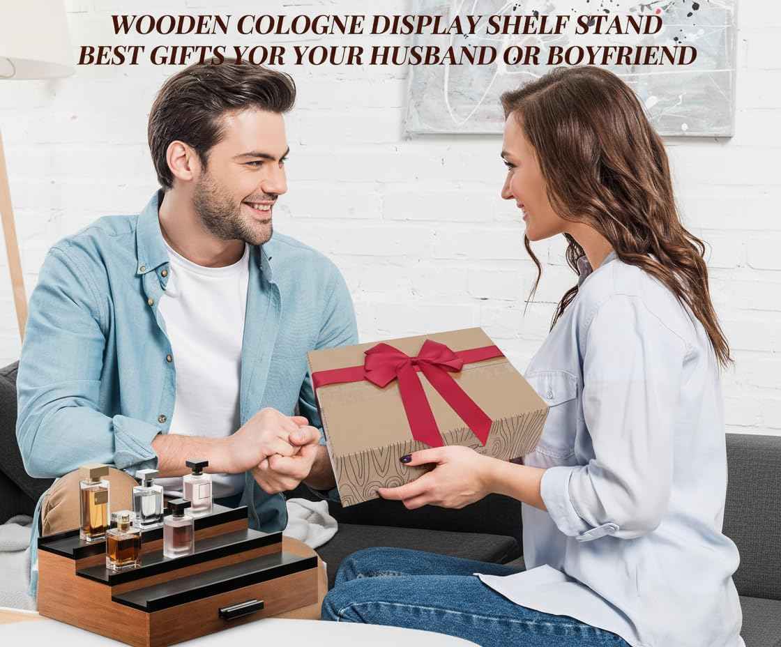 Cologne Organizer for Men – Black Wood Cologne Stand with Drawer & Storage, 3 Tier Perfume Display Holder for Bedroom, Office, Bathroom – Ideal Gift for Men, Father, Husband