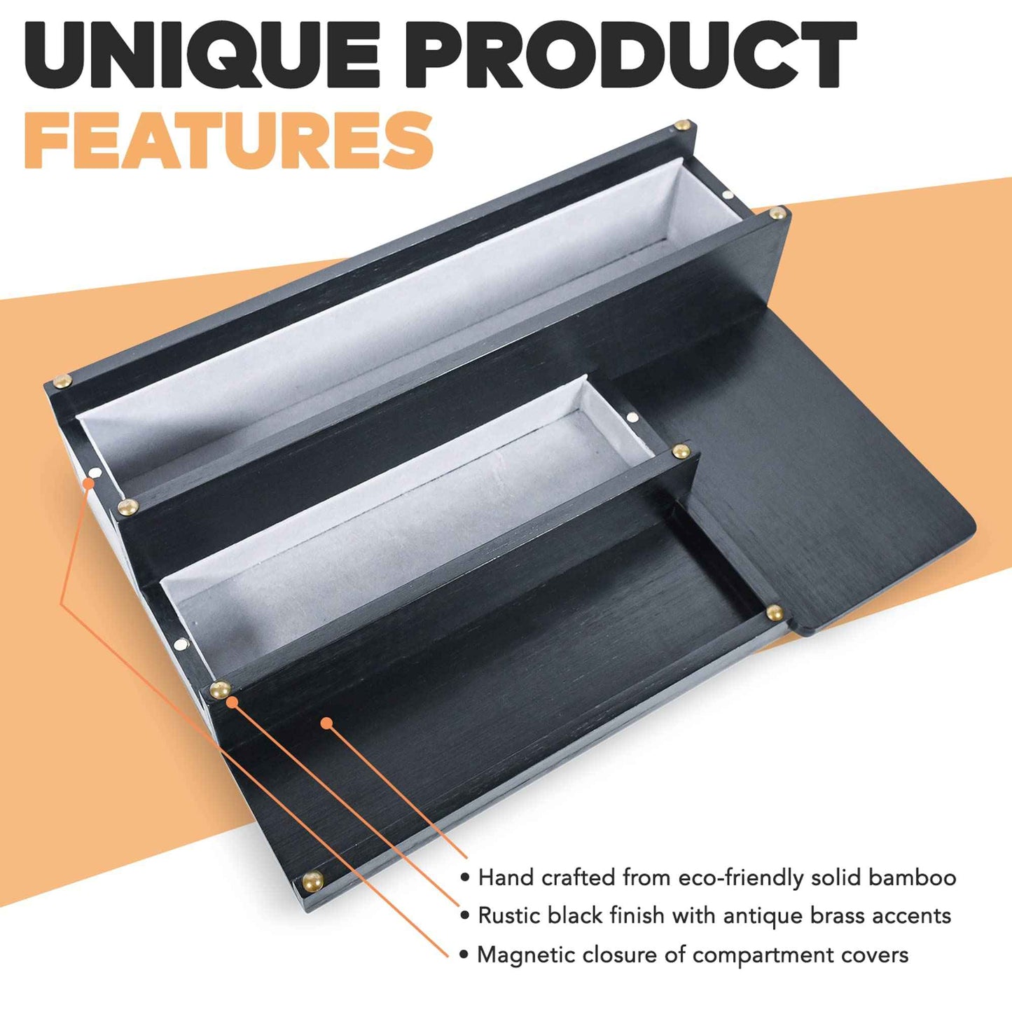 Manzano Essentials Cologne Organizer for Men, Bamboo Wood 4 Tier Display Stand with 2 Hidden Compartments, Perfume, Vanity, Dresser, EDC Organizer, Rustic Black