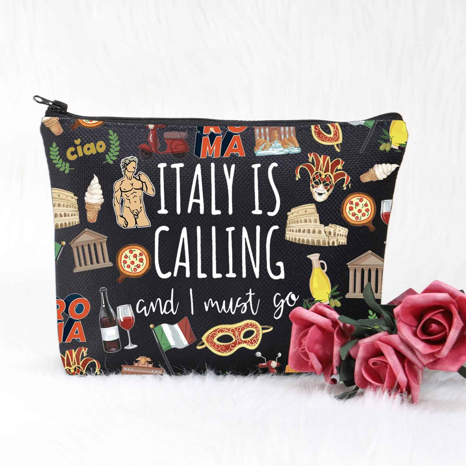 POFULL Italy Map iconic traditional Souvenir Gift ITALY Is Calling and I Must Go Traveller Zipper Pouch Makeup Bag (ITALY Is Calling Cosmetic Bag)
