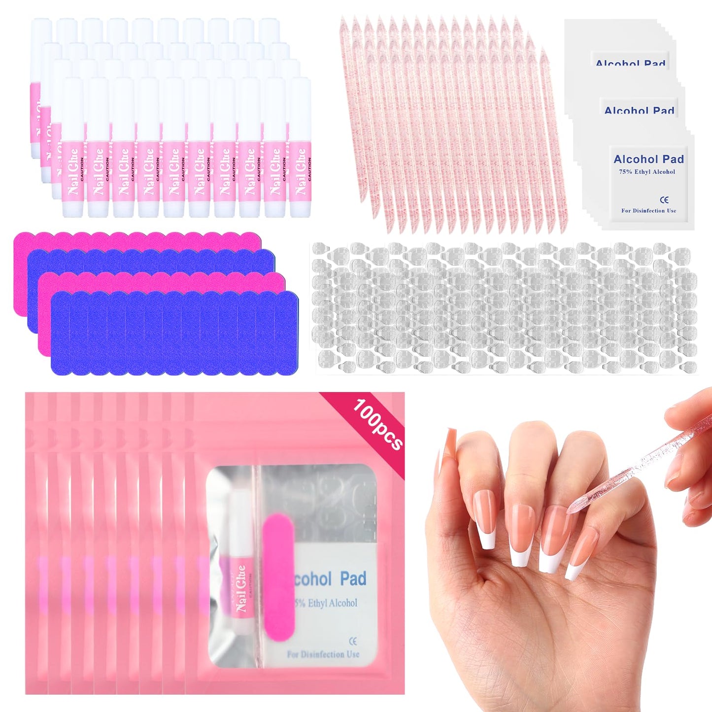 SAVILAND 100PCS Press on Nail Tool Kit: Nail Prep Kit with Nail Glue, Adhesive Tabs, Mini Nail File, Acrylic Sticks, Prep Pads for Press on Nail Art Starters Press On Nail Packaging for Salon Business