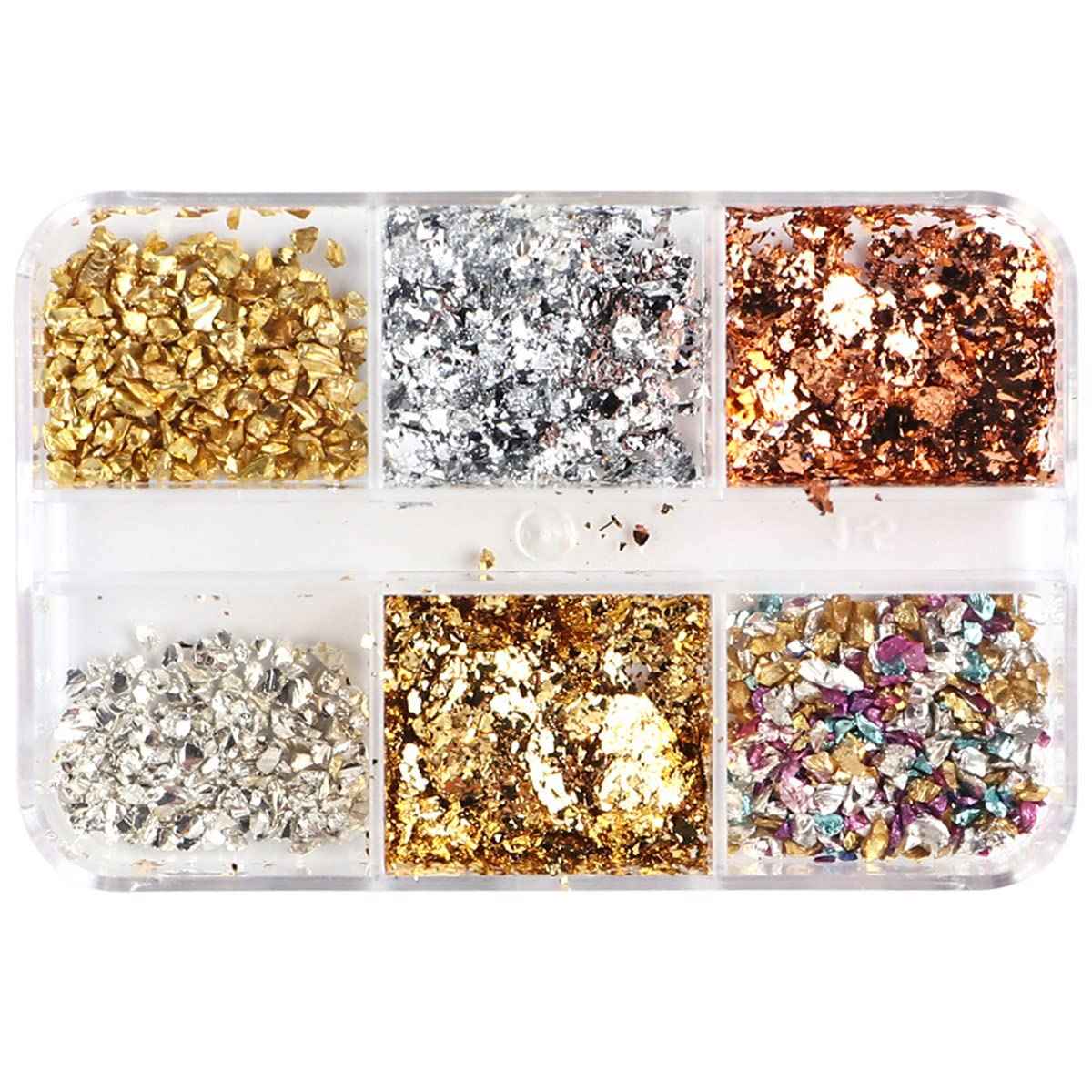 6 Grids Metallic Nail Art Foil Flakes, Gold Nail Glitter, Holographic Sequins, 3D Sparkly Aluminum Foil, Silver Nail Supplies for Women Girls