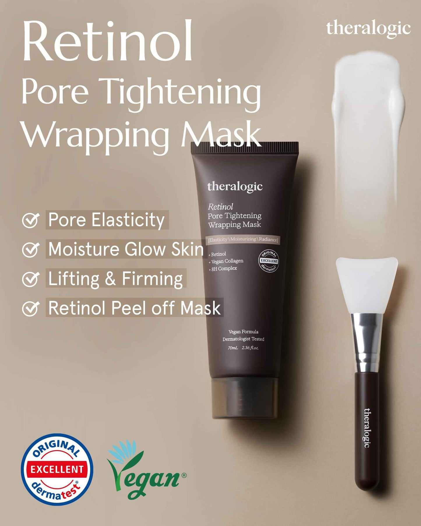 theralogic Retinol Pore Tightening Wrapping Mask - Korean Pore Elasticity Peel Off Mask with Collagen, Peptides, Hyaluronic Acid - Firming & Skin Glow Mask - Vegan, Derma Tested, 2.36oz.